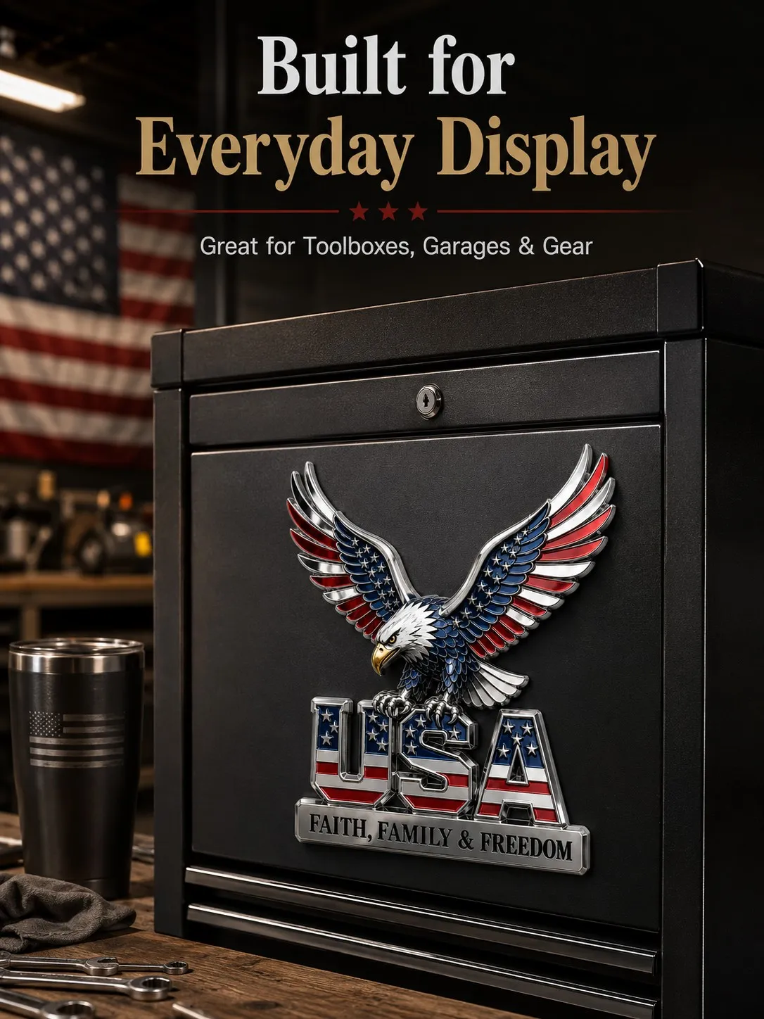 Eagle metal emblem displayed on toolbox or garage storage