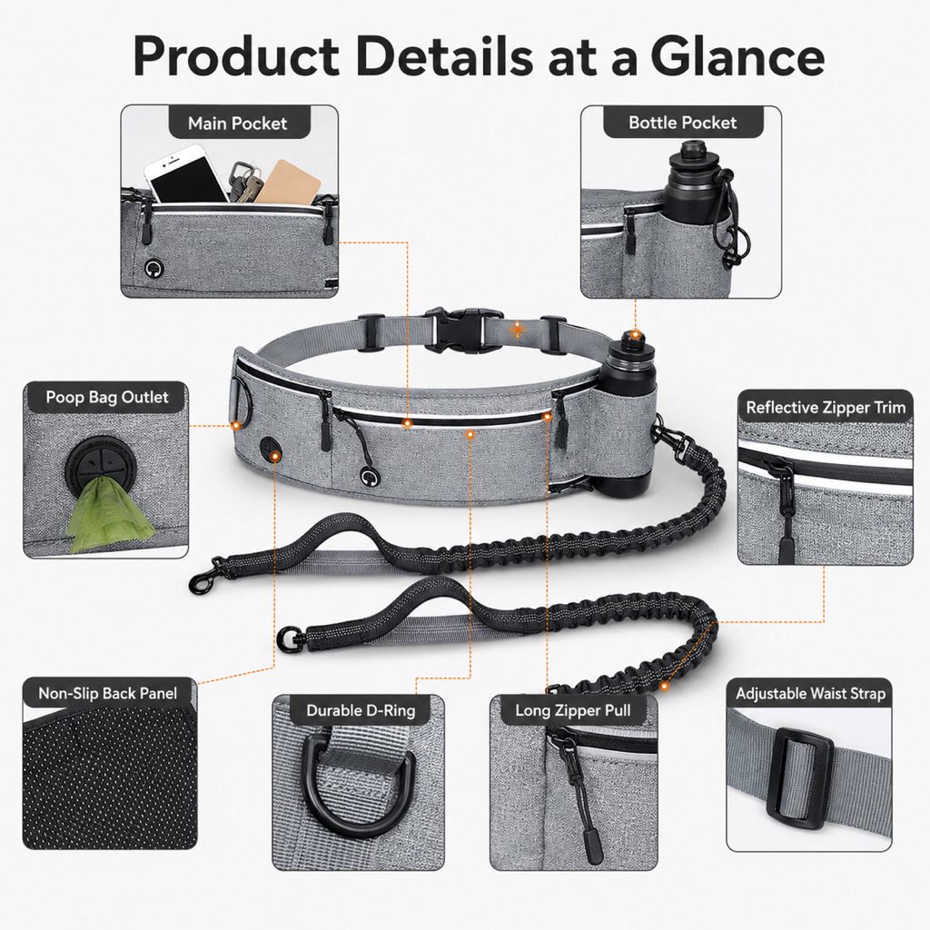 Heeipaw Hands Free Dog Leash, Reflective Running Dog Leash with Waist Belt & Storage Pouch, Adjustable No Pull Shock Absorbing Pet Leash for Walking Jogging Hiking - image 2
