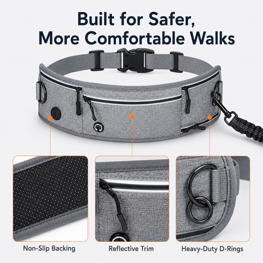 Heeipaw Hands Free Dog Leash, Reflective Running Dog Leash with Waist Belt & Storage Pouch, Adjustable No Pull Shock Absorbing Pet Leash for Walking Jogging Hiking - image 1