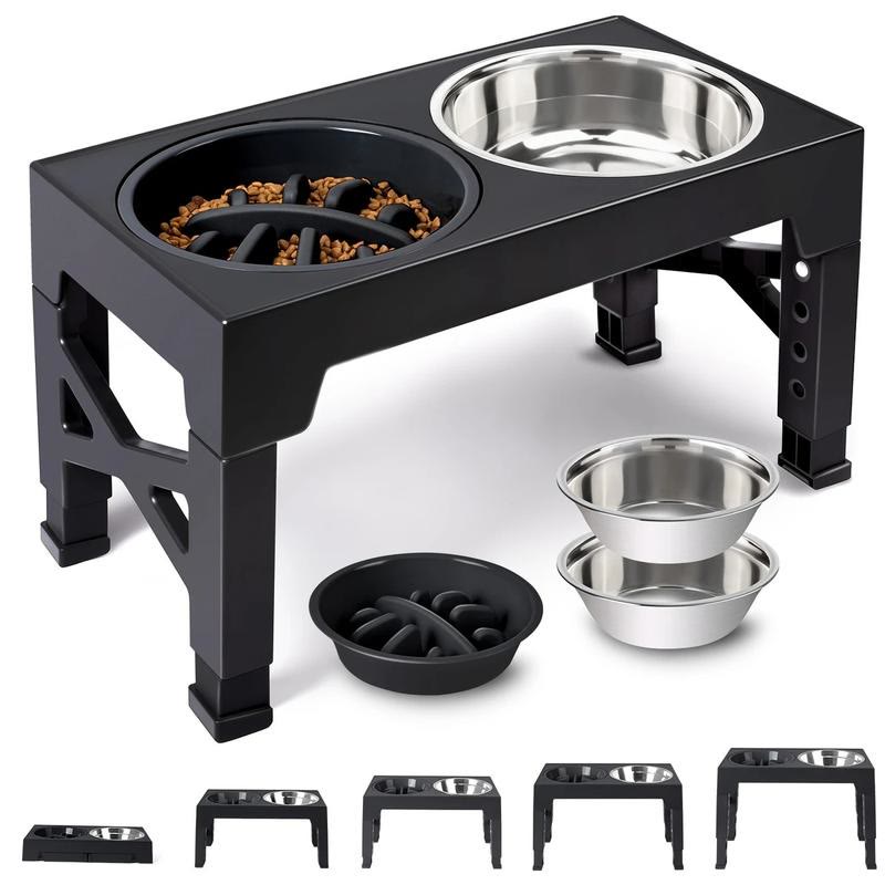Heeipaw Adjustable Raised Dog Bowl Set – Stainless Steel Double Bowls For Food & Water - Adjustable elevated bowl - Black - image 1