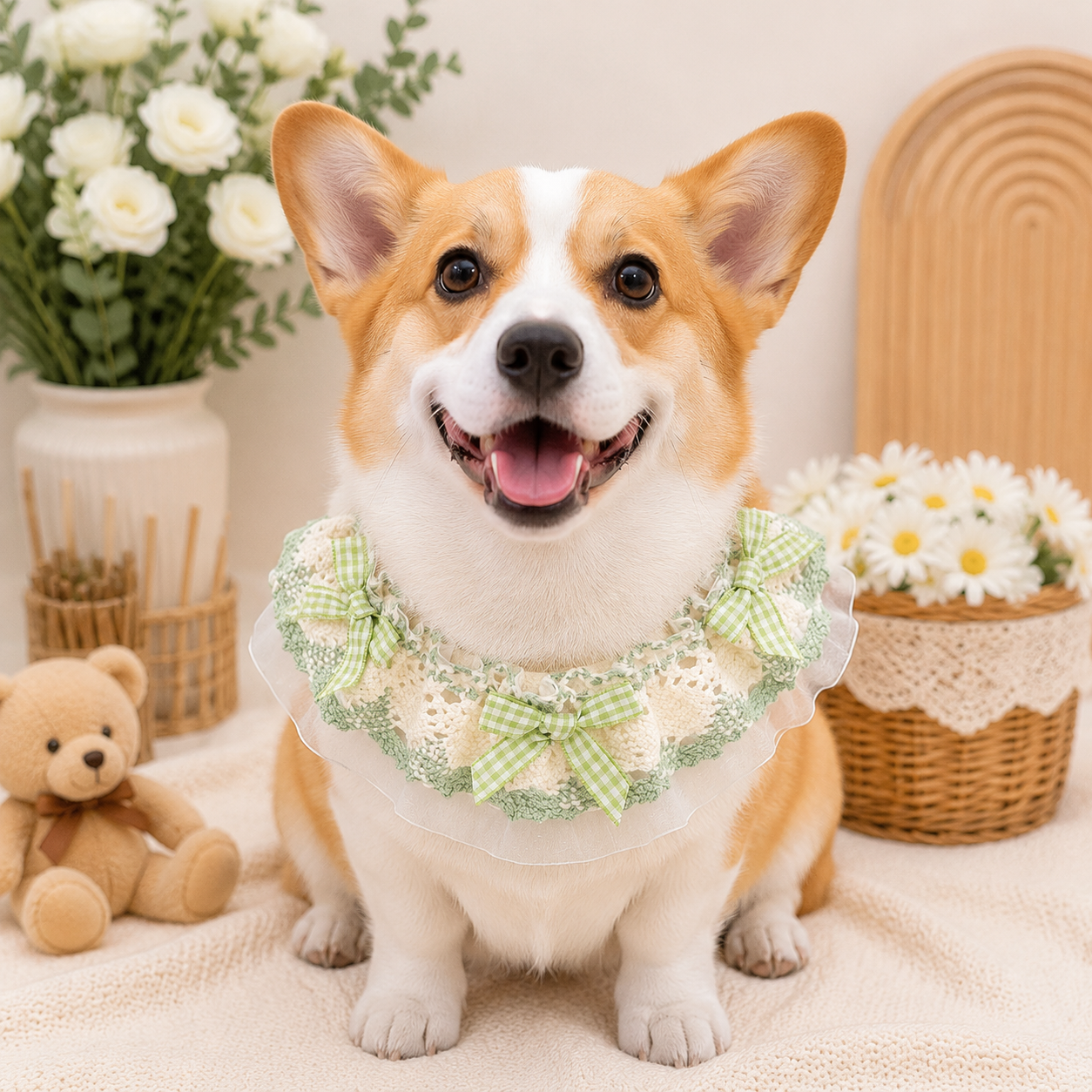 Heeipaw Pet Bandana Scarf For Dogs & Cats, Cute Lace Princess Collar Bib For Small Dogs, Teddy, Bichon, Puppy Fashion Accessories - Green Gingham - L - image 2