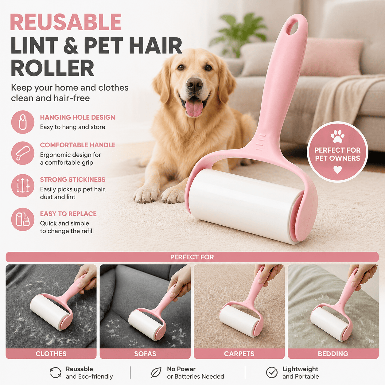 Heeipaw Pet Hair Remover Roller – Reusable Lint Roller for Dog & Cat Hair on Clothes, Furniture & Home - [Handle + 6 Rolls of Paper] - image 1