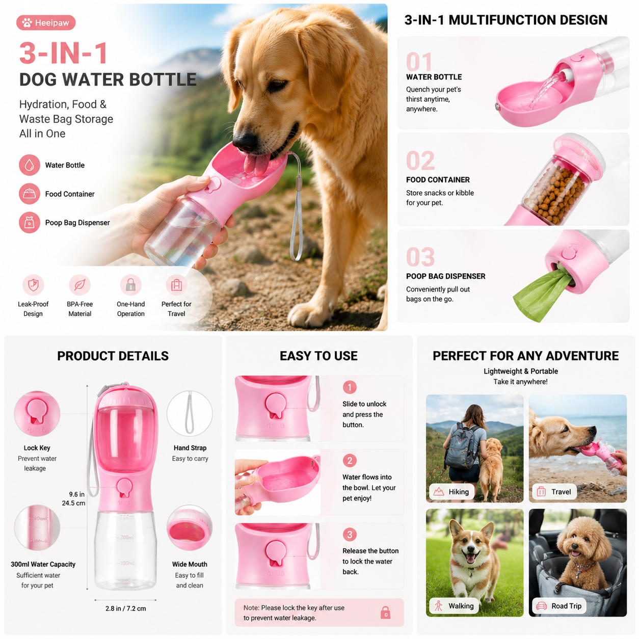 Heeipaw Portable Dog Water Bottle, 3-in-1 Travel Water Dispenser for Dogs & Cats, Leak-Proof Outdoor Pet Hydration Bottle - image 3