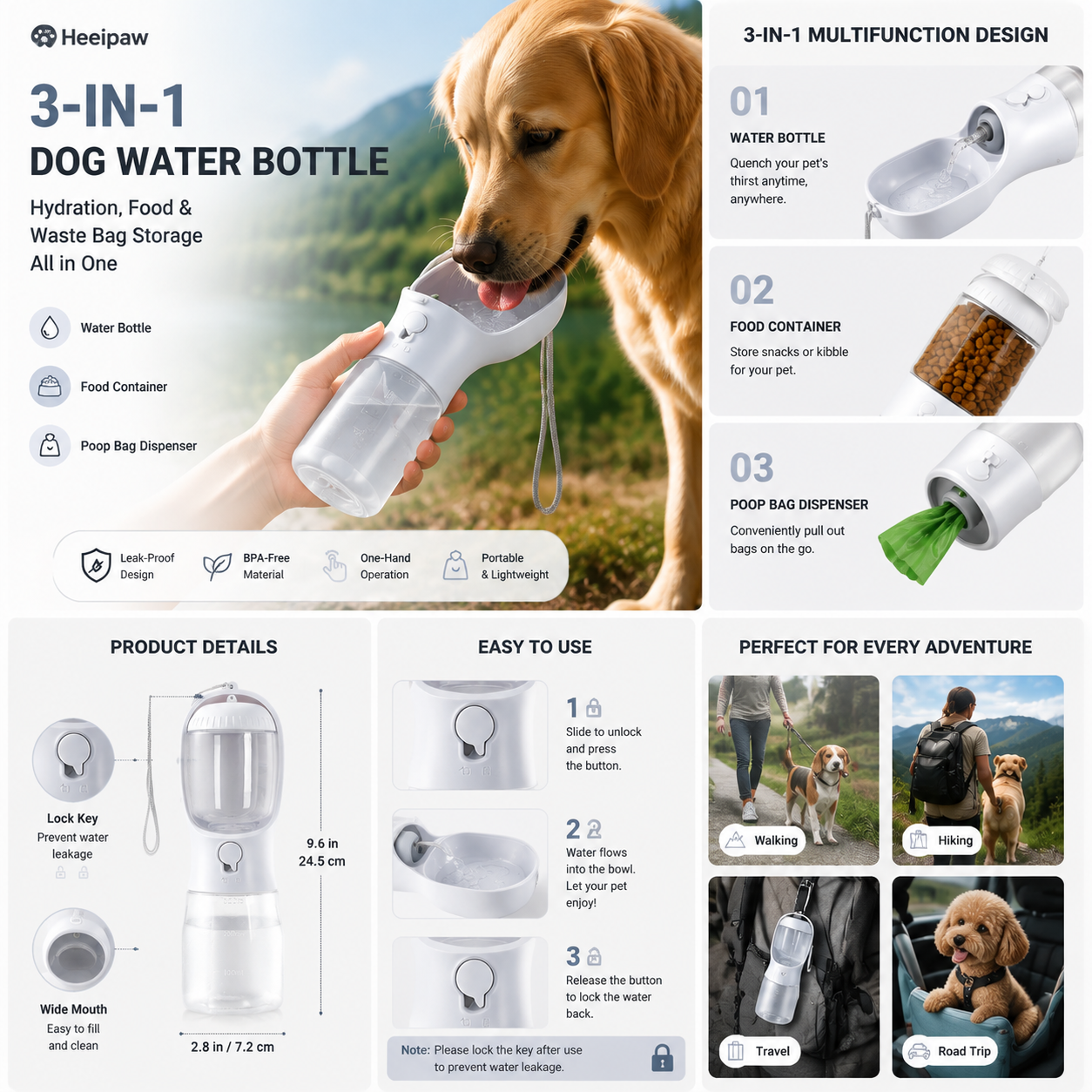 Heeipaw Portable Dog Water Bottle, 3-in-1 Travel Water Dispenser for Dogs & Cats, Leak-Proof Outdoor Pet Hydration Bottle - image 1