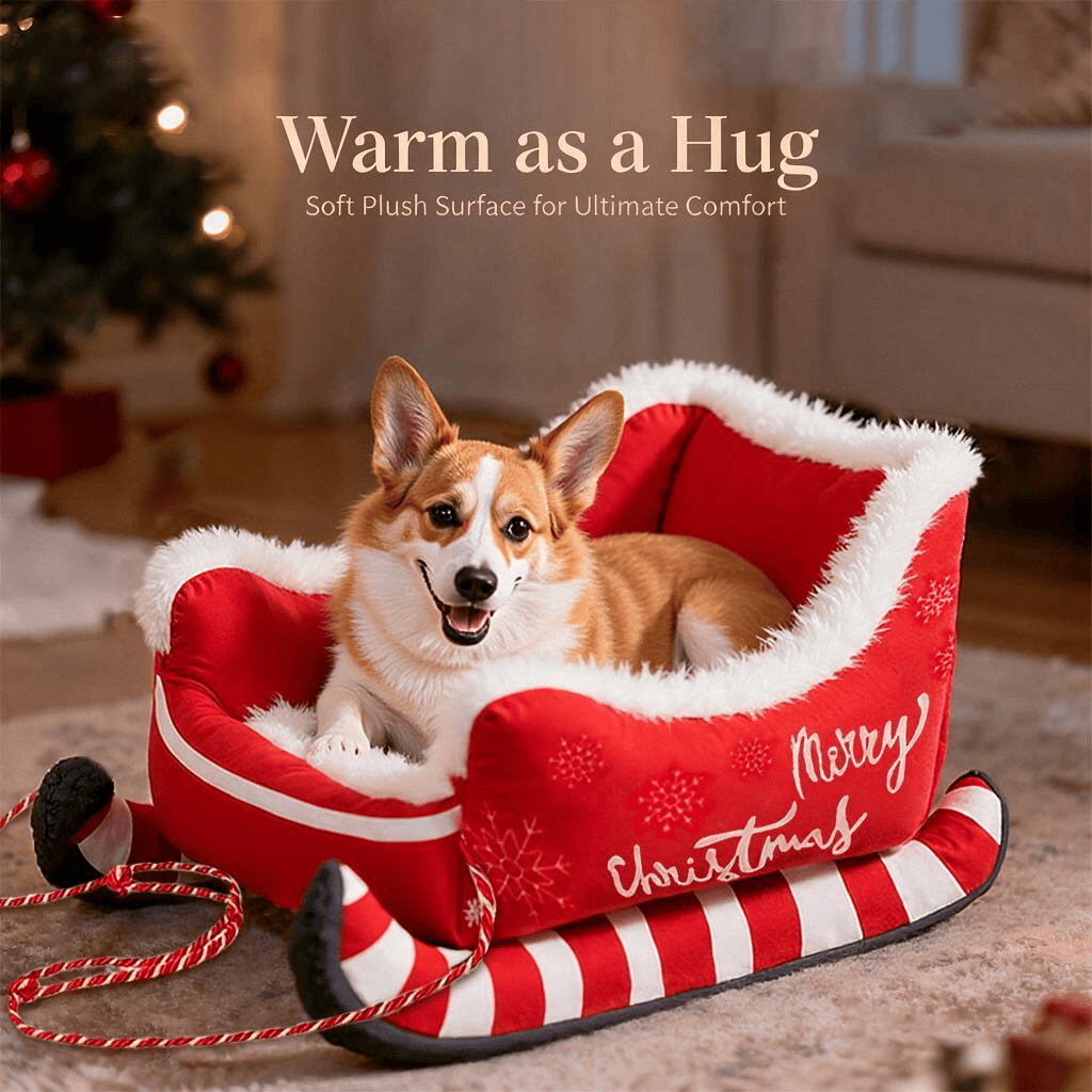 Heeipaw Christmas Sleigh Pet Bed – Cozy Warm Plush Bed for Dogs & Cats, Holiday Winter Nest - image 1