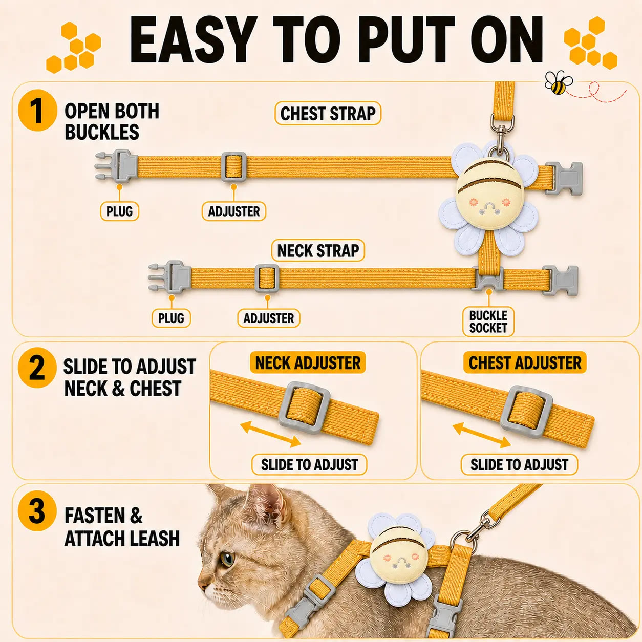Heeipaw Cute Bee Cat Harness and Leash Set, Breathable Vest Harness for Kittens & Small Dogs, Adjustable Walking Training Strap - image 4