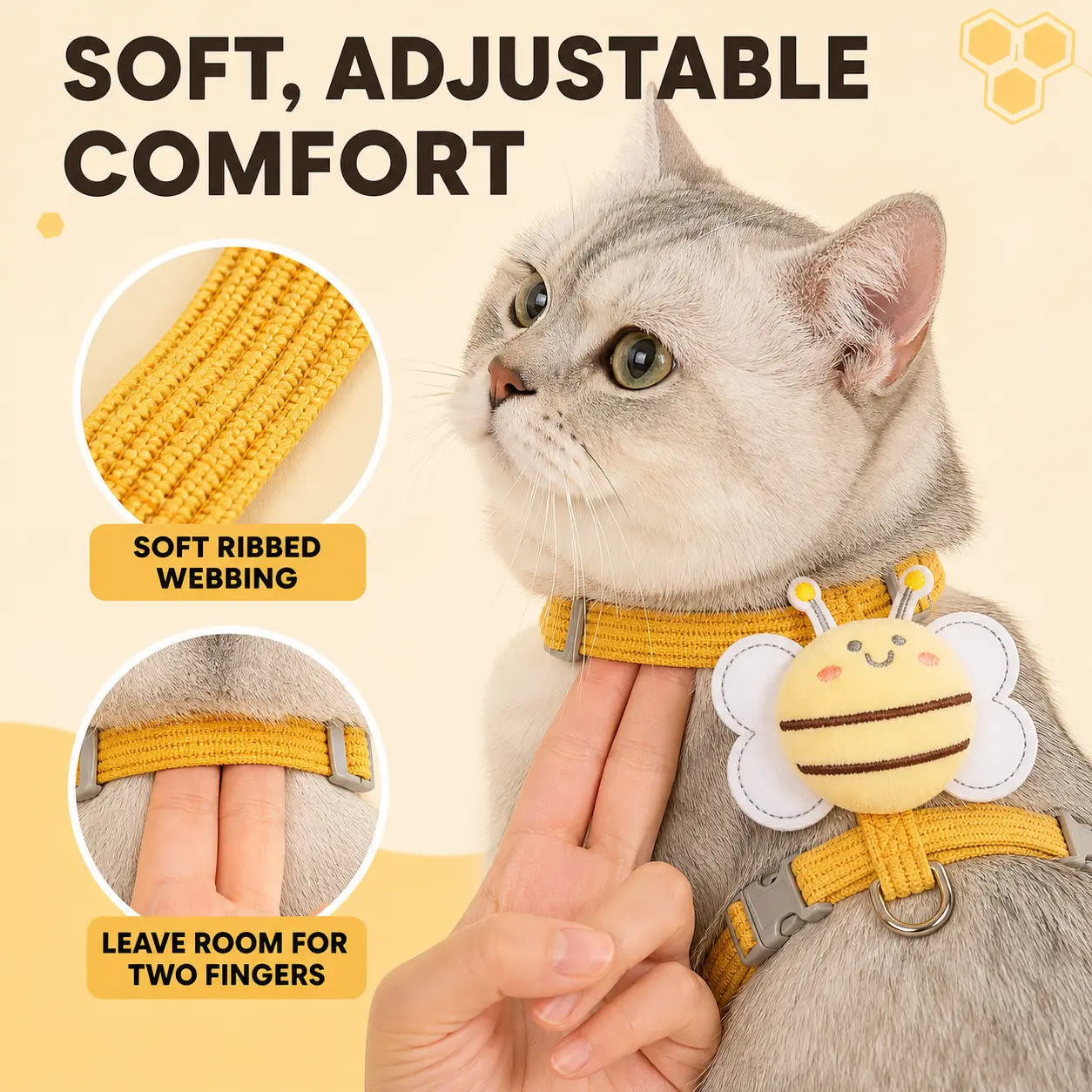 Heeipaw Cute Bee Cat Harness and Leash Set, Breathable Vest Harness for Kittens & Small Dogs, Adjustable Walking Training Strap - image 3