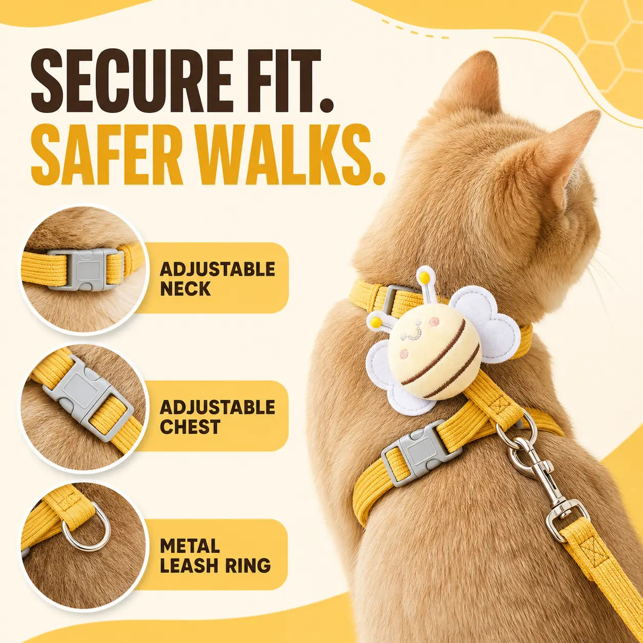 Heeipaw Cute Bee Cat Harness and Leash Set, Breathable Vest Harness for Kittens & Small Dogs, Adjustable Walking Training Strap - image 2