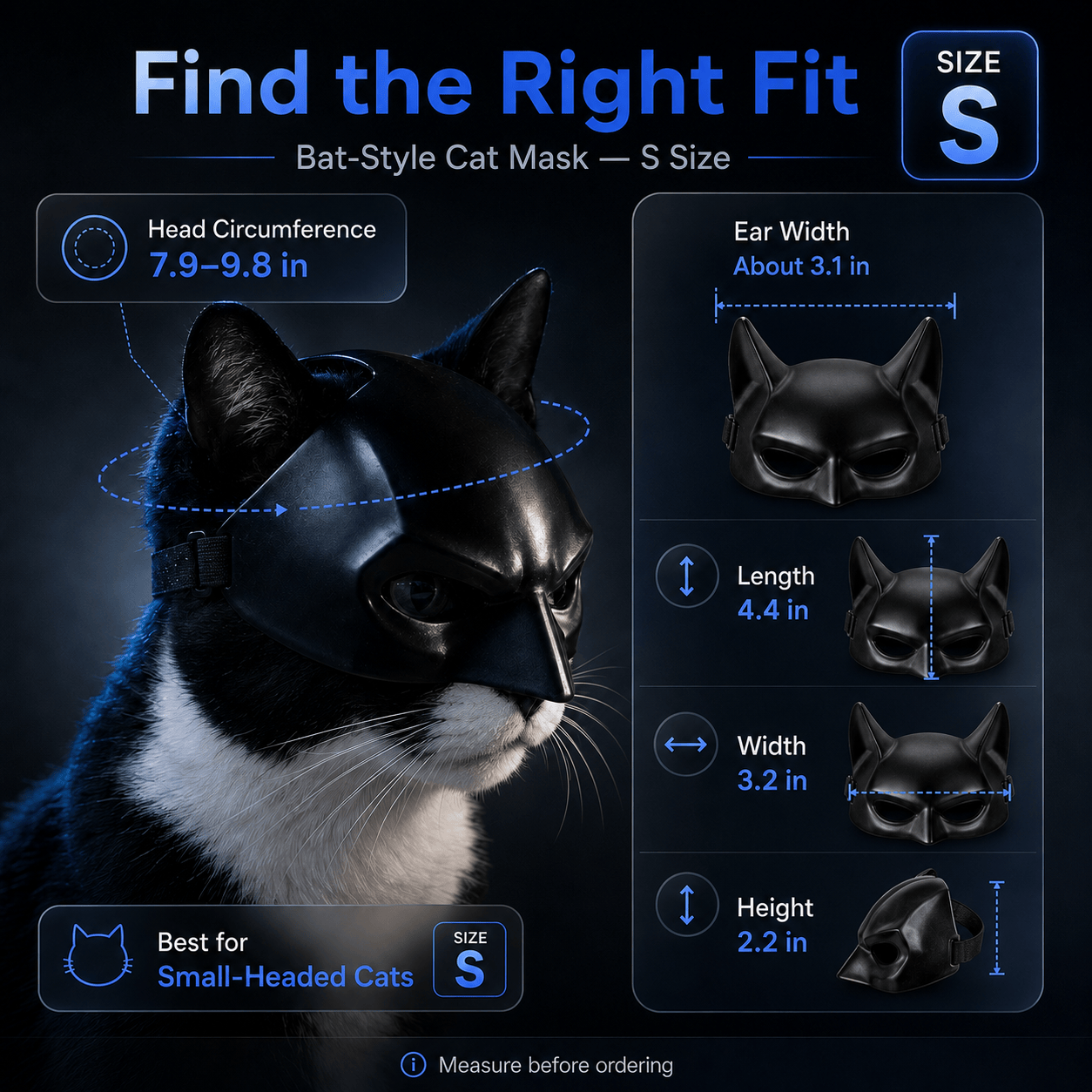 Heeipaw Bat-Style Cat Mask, Lightweight Black Plastic Pet Costume Mask for Halloween Parties, Cosplay & Photos - Black - S - image 6