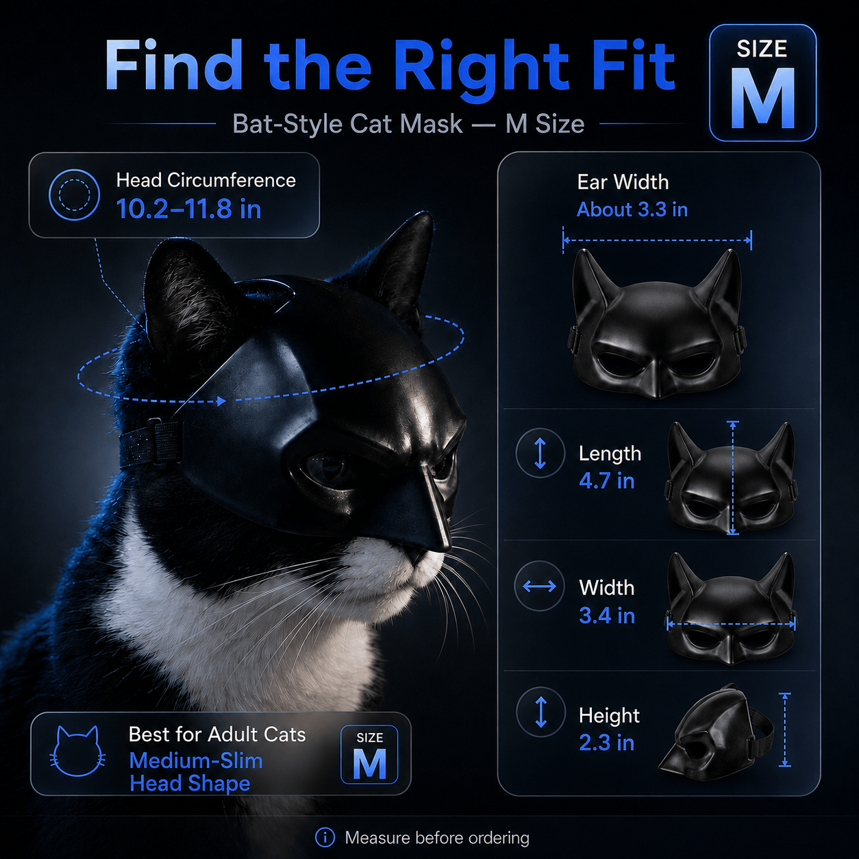 Heeipaw Bat-Style Cat Mask, Lightweight Black Plastic Pet Costume Mask for Halloween Parties, Cosplay & Photos - Black - M - image 7