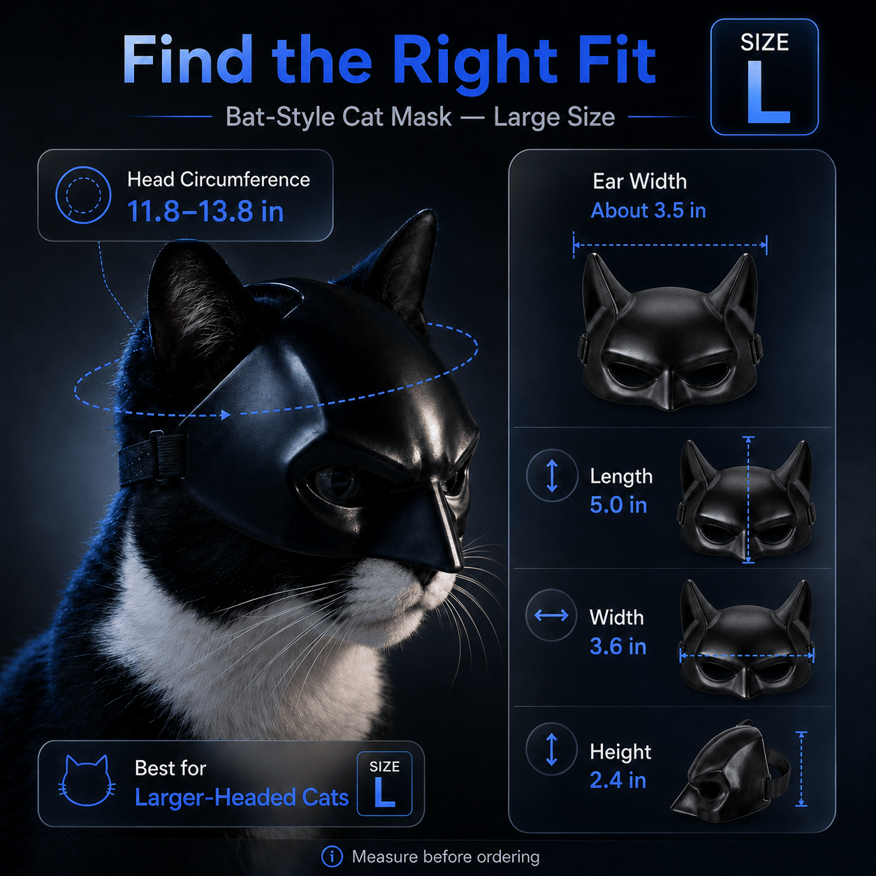 Heeipaw Bat-Style Cat Mask, Lightweight Black Plastic Pet Costume Mask for Halloween Parties, Cosplay & Photos - Black - L - image 8
