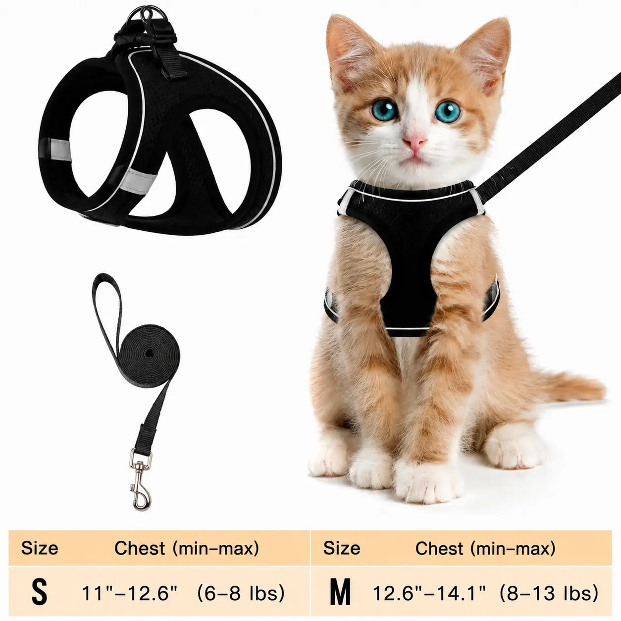Heeipaw Escape Proof Cat Harness & Leash (6-13 lbs) Adjustable Reflective Soft Mesh Vest for Easy Safe Walks with Leash Included - Black - M - image 2