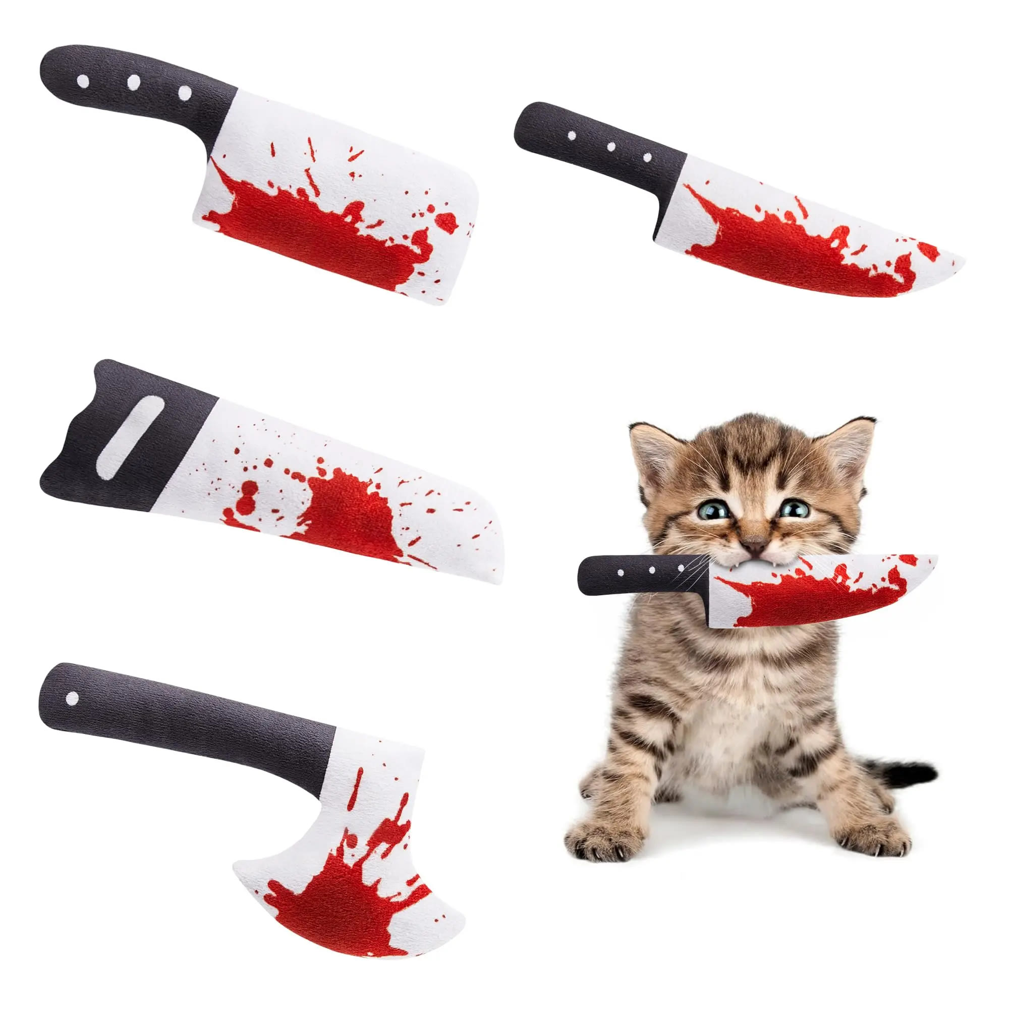 Heeipaw 4Pcs Pet  Chew Toys Catnip Crinkly Sound Toy, Horror Halloween Knife-Shaped Kitten Bite Kicker Toys - Halloween 4-Piece Set - Sound-making version - image 1