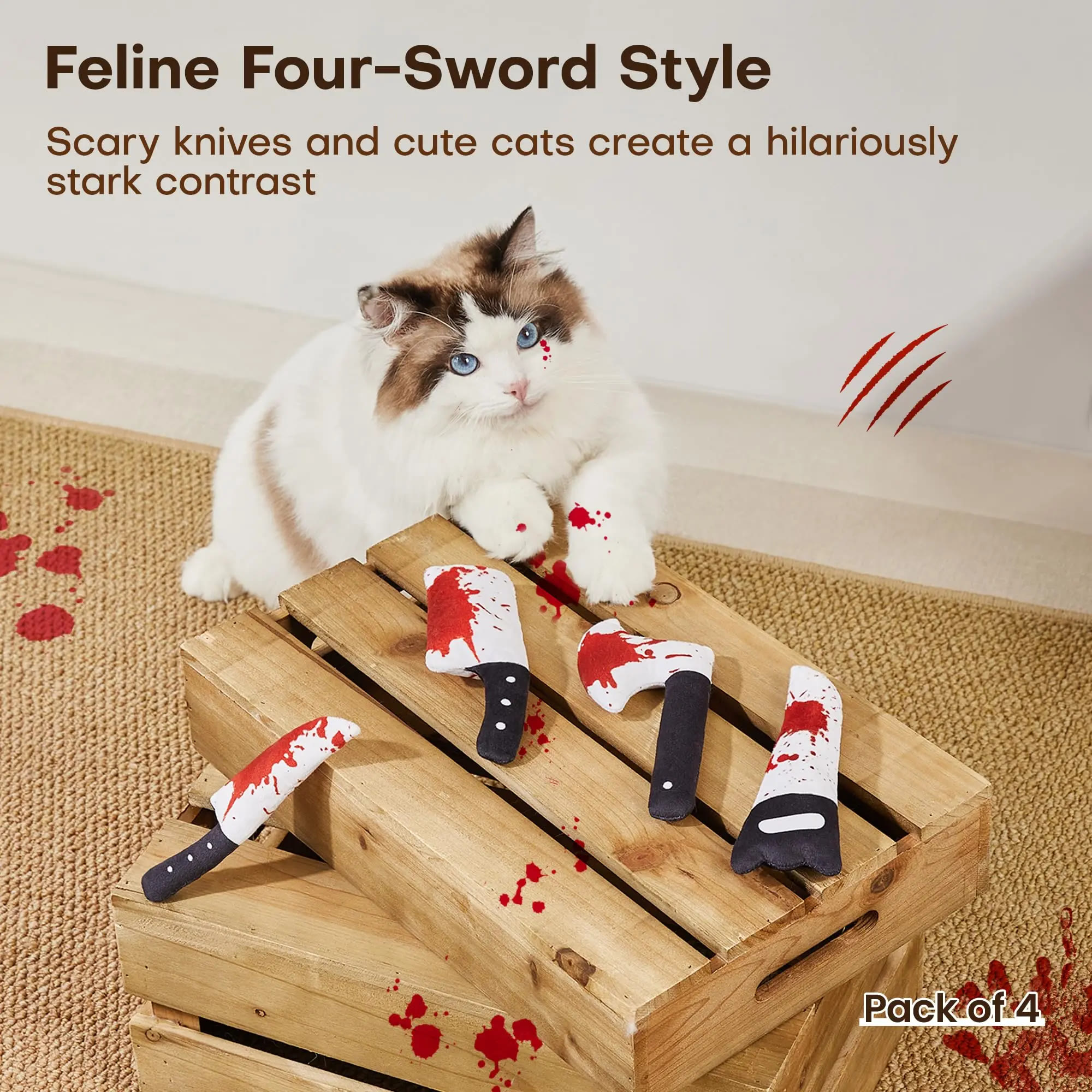 Heeipaw 4Pcs Pet  Chew Toys Catnip Crinkly Sound Toy, Horror Halloween Knife-Shaped Kitten Bite Kicker Toys - image 2