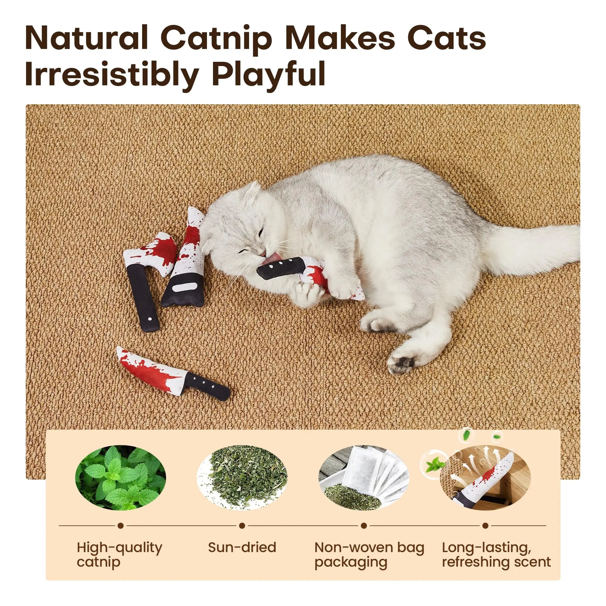 Heeipaw 4Pcs Pet  Chew Toys Catnip Crinkly Sound Toy, Horror Halloween Knife-Shaped Kitten Bite Kicker Toys - image 5