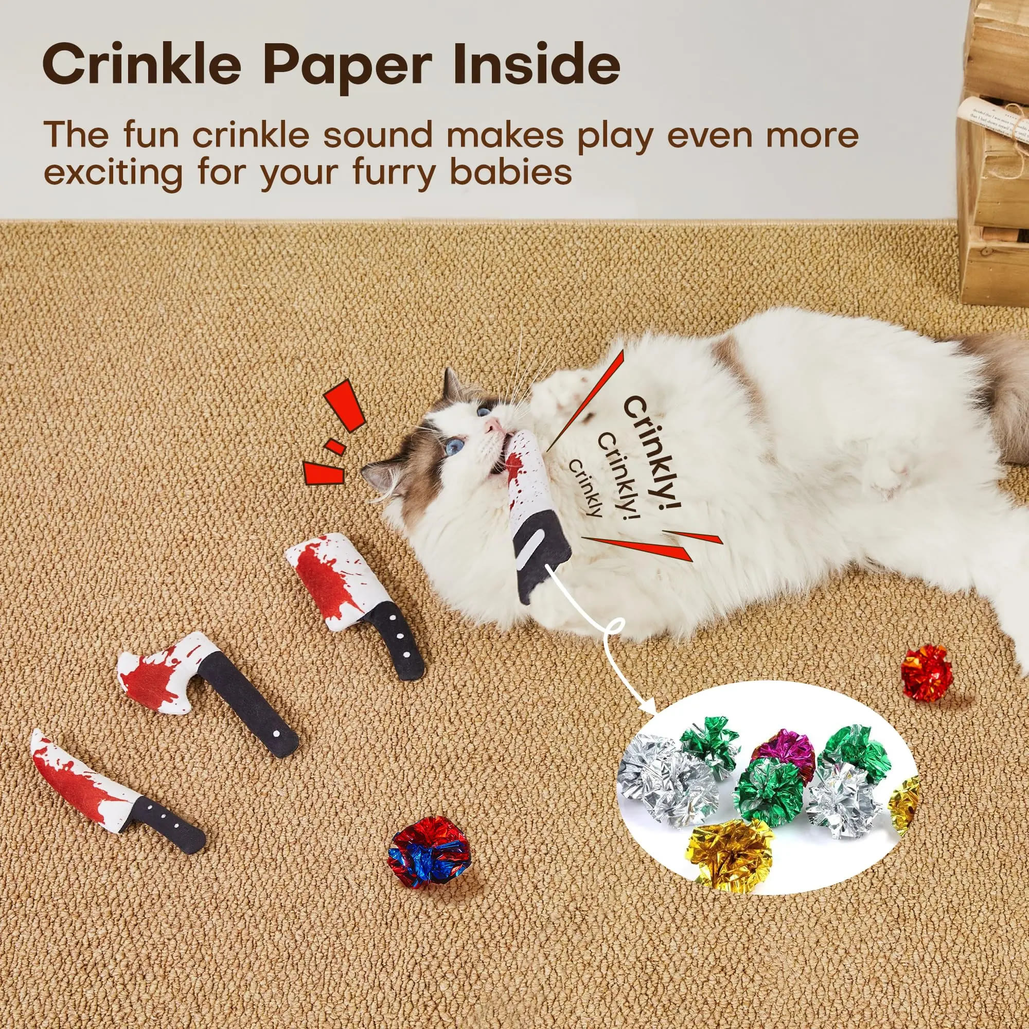 Heeipaw 4Pcs Pet  Chew Toys Catnip Crinkly Sound Toy, Horror Halloween Knife-Shaped Kitten Bite Kicker Toys - image 6