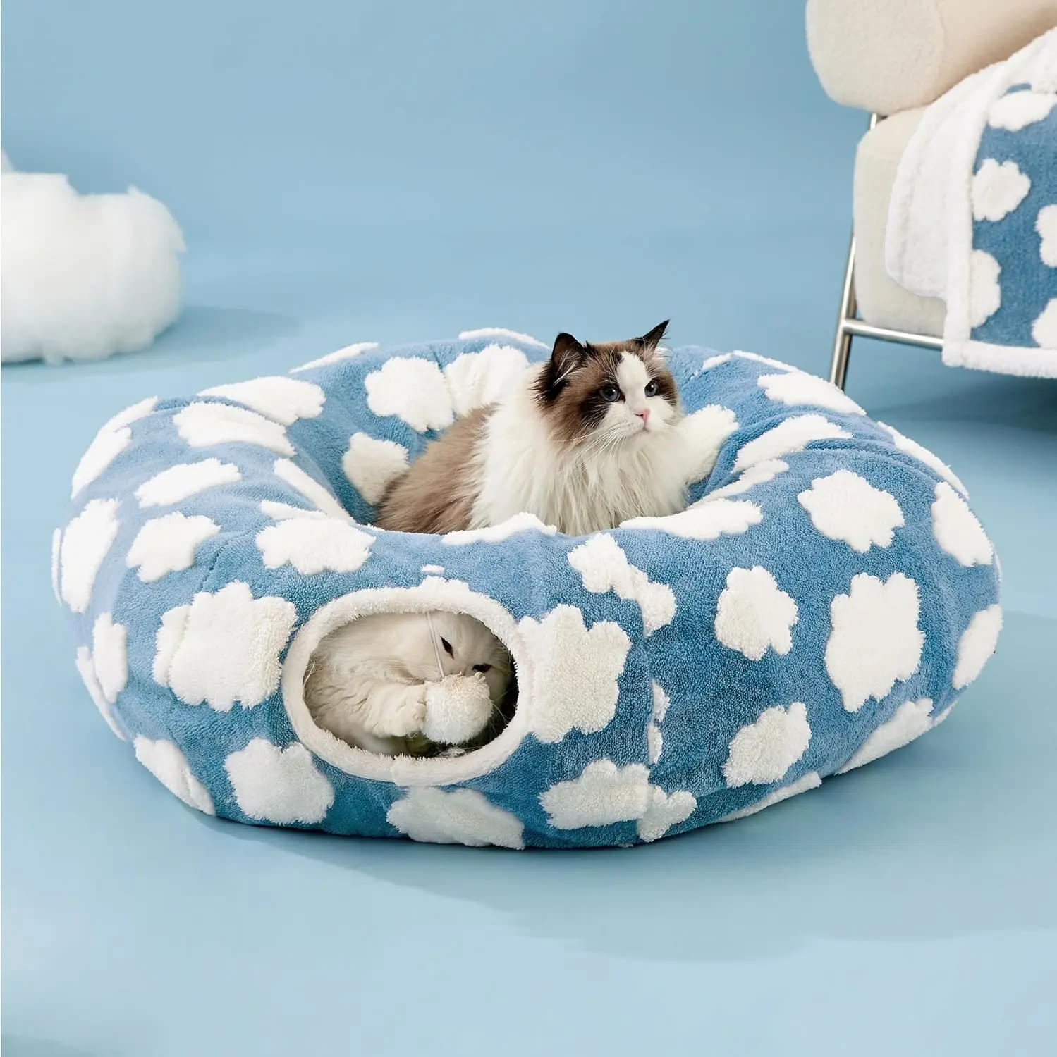 Heeipaw Tunnel Cat Bed - 2-in-1 Zip-Together Play & Nap Solution, Versatile Multi-Pet Furniture for Cats - Ocean Cloud - image 1
