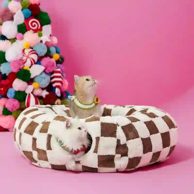 Heeipaw Tunnel Cat Bed - 2-in-1 Zip-Together Play & Nap Solution, Versatile Multi-Pet Furniture for Cats - Brown Plaid - image 8
