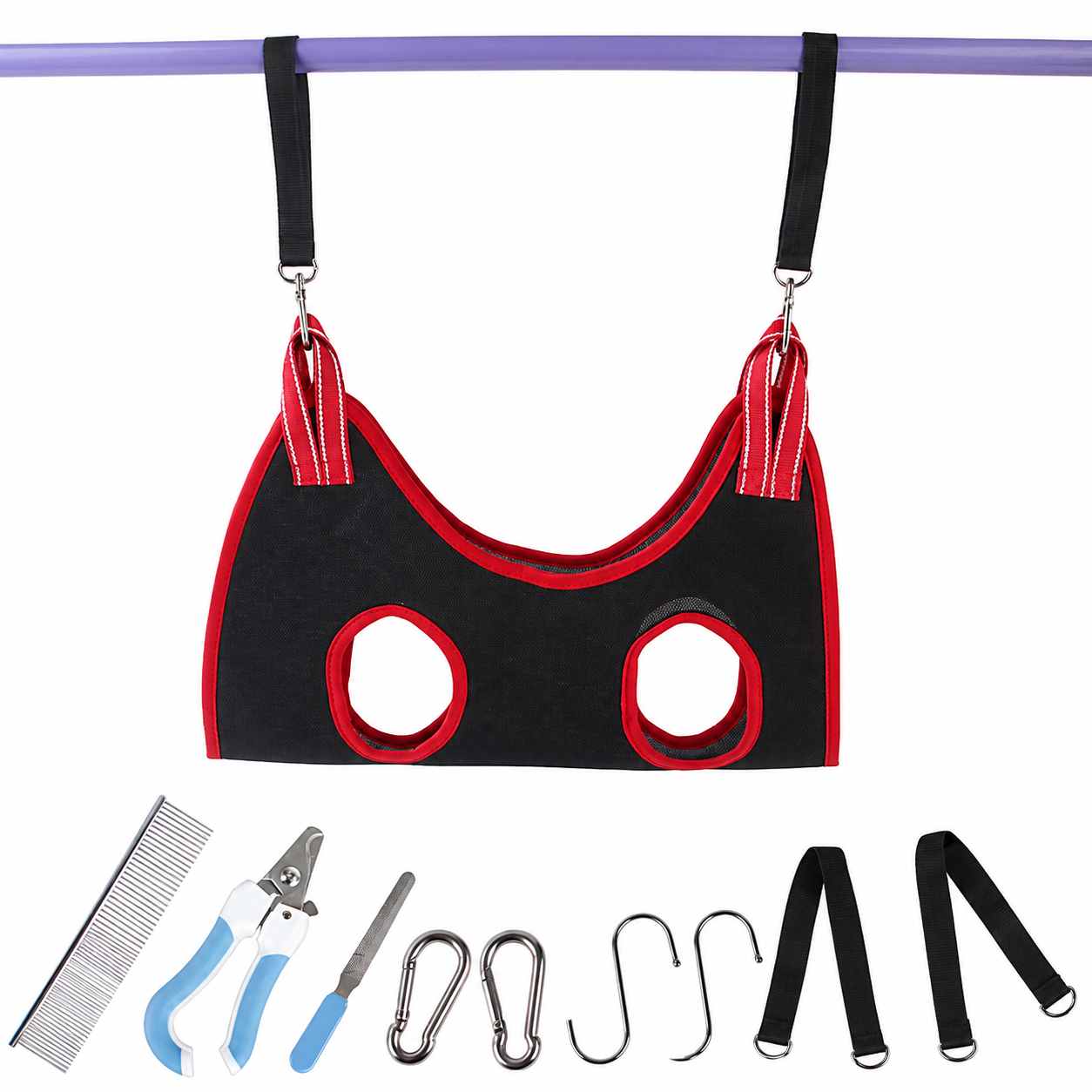 Heeipaw Pet Grooming Hammock, Nail Trimming Restraint for Cats & Small Dogs with 9-Piece Grooming Accessories Set (Without Fixed） - Red - L - image 6