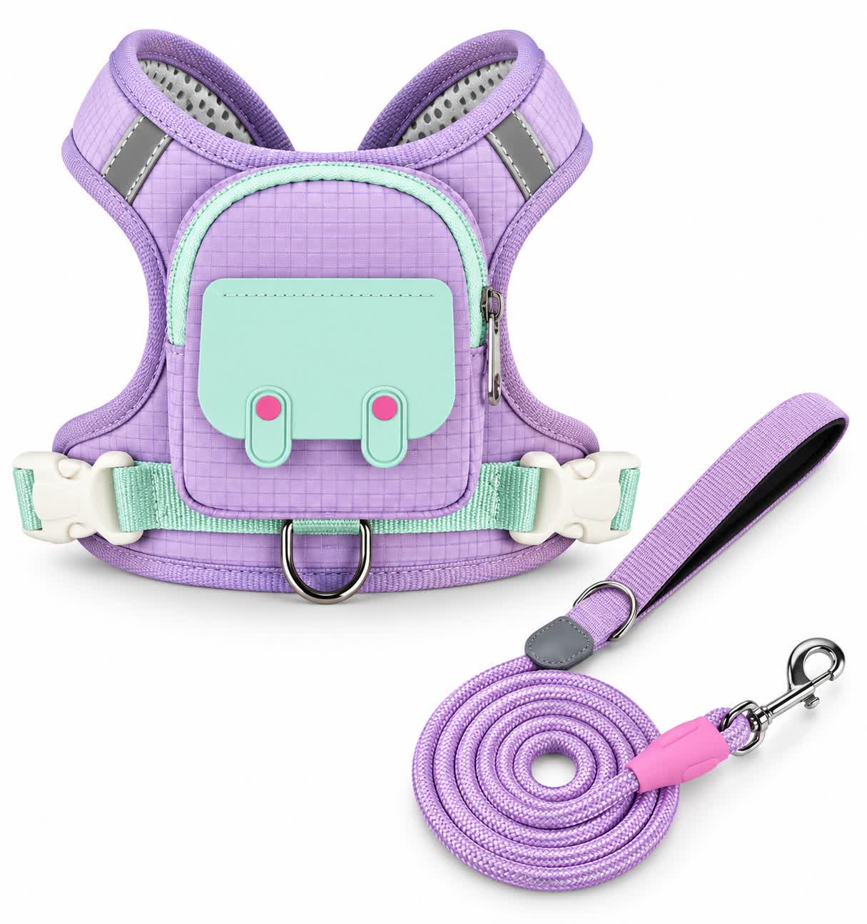 Cute Backpack Dog Harness Leash Included, Reflective Soft Pet Vest for Small Medium Dogs Cats, Adjustable Walking Harness Set - Purple - XL - 2pcs - image 3
