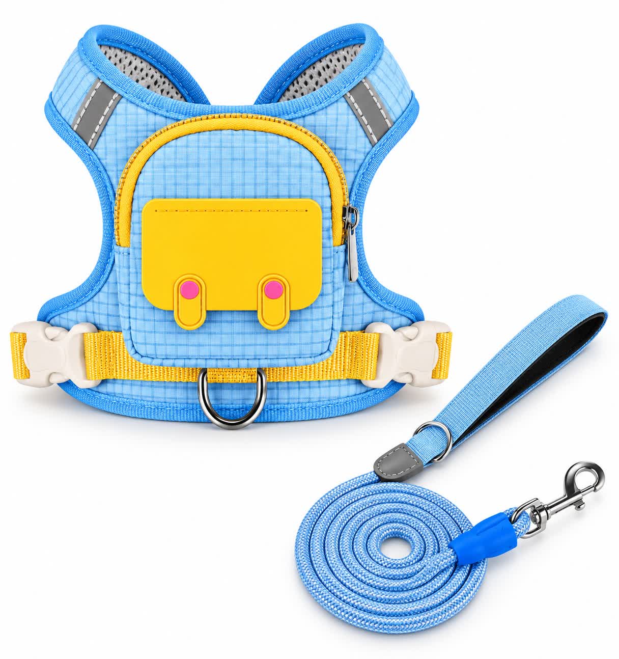 Cute Backpack Dog Harness Leash Included, Reflective Soft Pet Vest for Small Medium Dogs Cats, Adjustable Walking Harness Set - Blue - XL - 2pcs - image 2