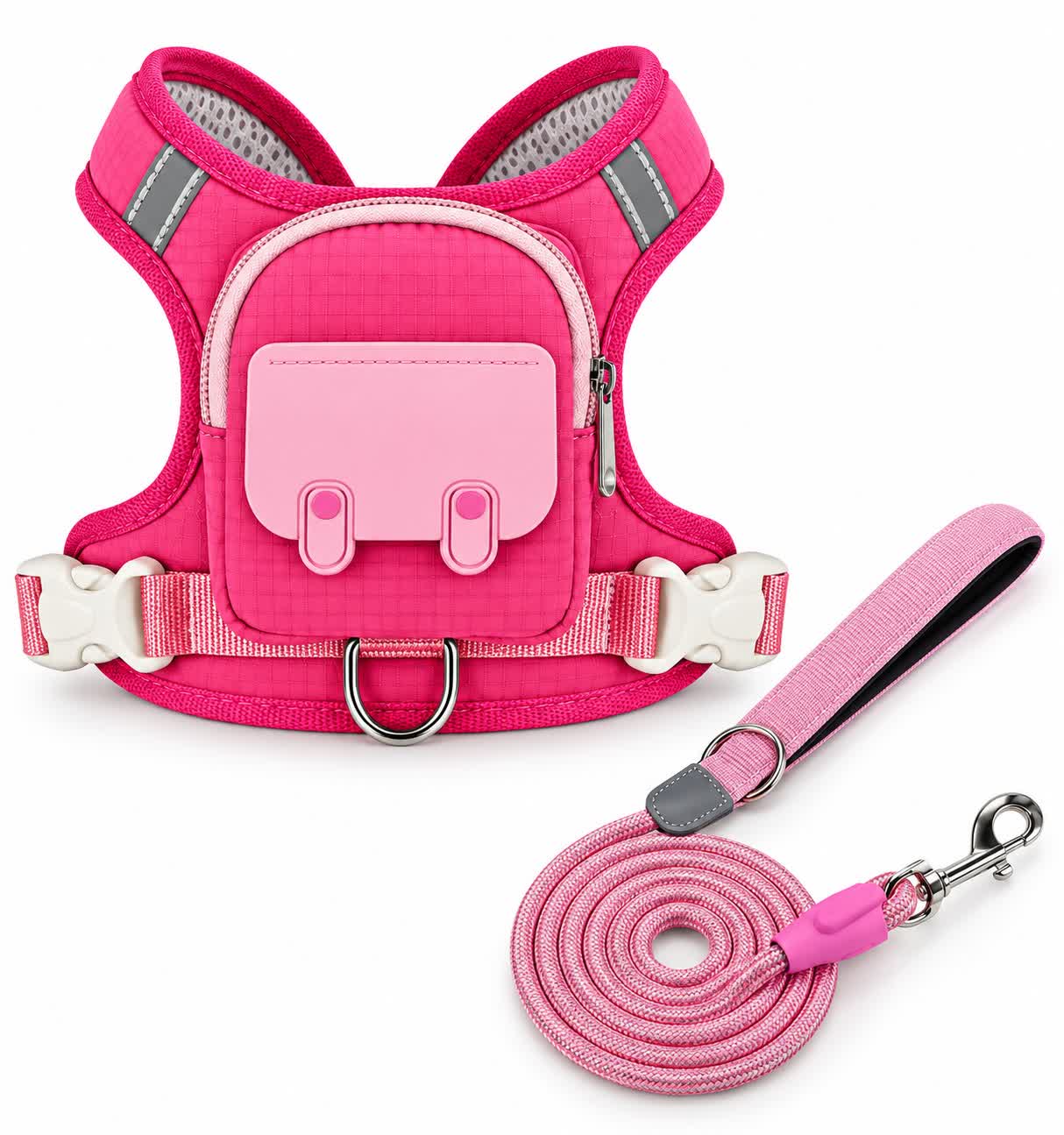 Cute Backpack Dog Harness Leash Included, Reflective Soft Pet Vest for Small Medium Dogs Cats, Adjustable Walking Harness Set - Pink - XL - 2pcs - image 1
