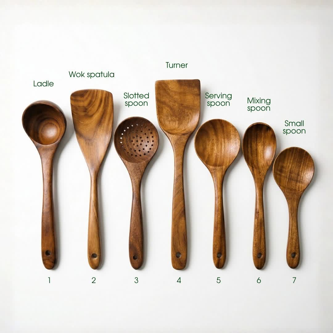 Small Leaf Acacia Wood Utensil Set - 7-Piece Set - image 3