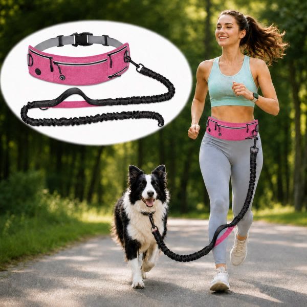 Heeipaw Hands Free Dog Leash, Reflective Running Dog Leash with Waist Belt & Storage Pouch, Adjustable No Pull Shock Absorbing Pet Leash for Walking Jogging Hiking - Pink - 2.5CM*(145-200)CM - image 6