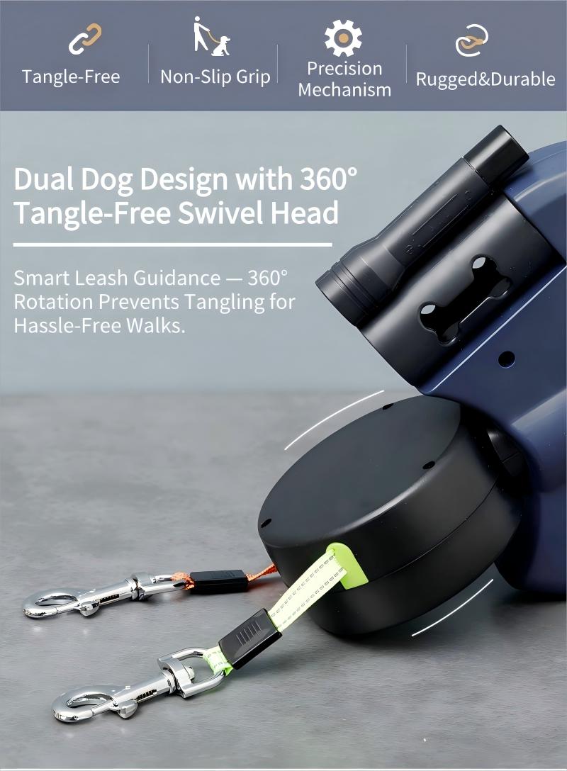 Retractable Dual Dog Leash - Tangle-Free with 360&deg; Swivel Head, 10ft Length, Lightweight Anti-Wear Handle, Independent Thumb Rewind, 30lb Capacity for 2 Medium-Large Dogs, Rust-Resist Alloy, Pet Supplies Essentials