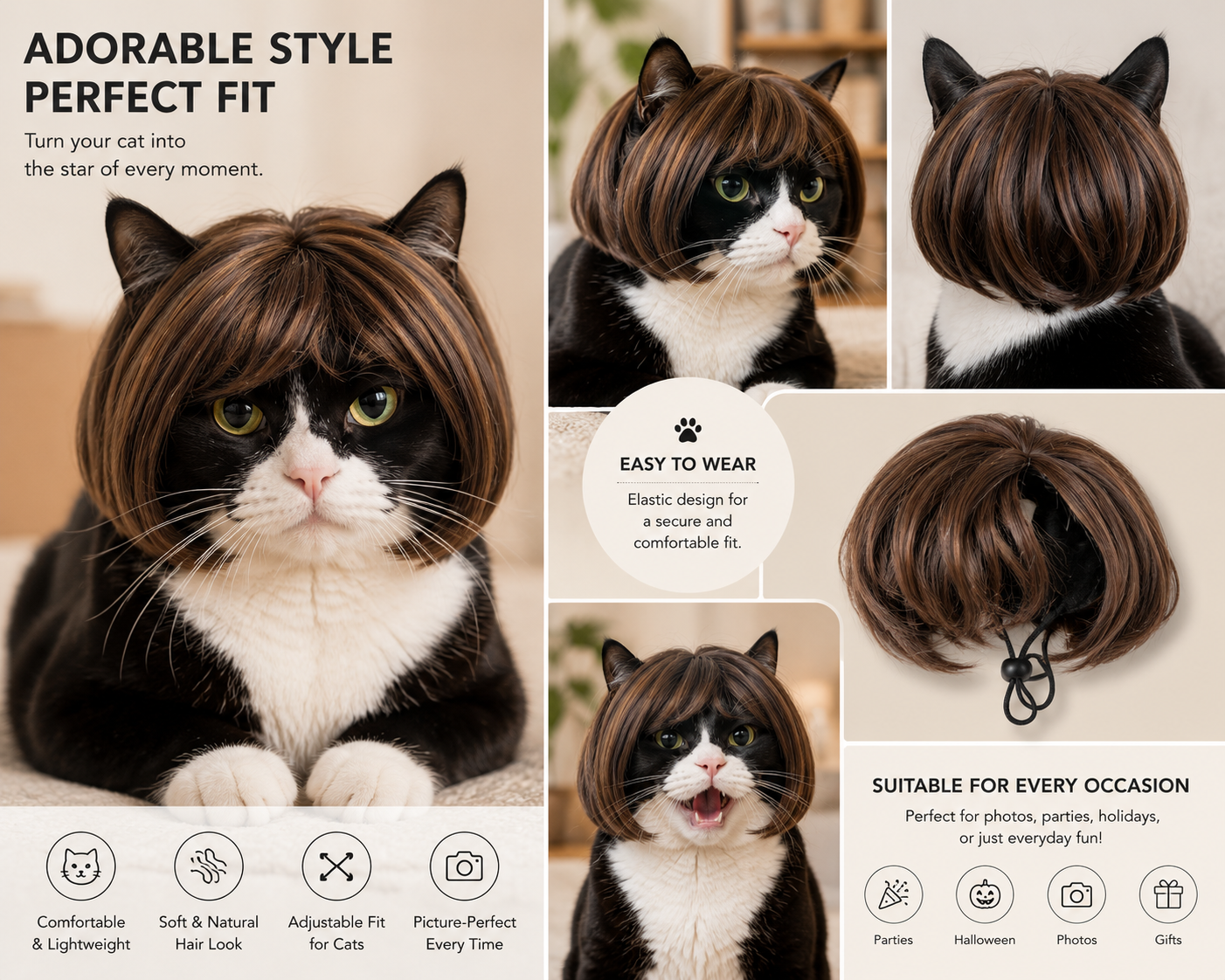 Heeipaw Cute Short Hair Wig Pet Headband, Funny Dog & Cat Costume Accessory, Adorable Pet Photo Prop for Parties and Daily Wear