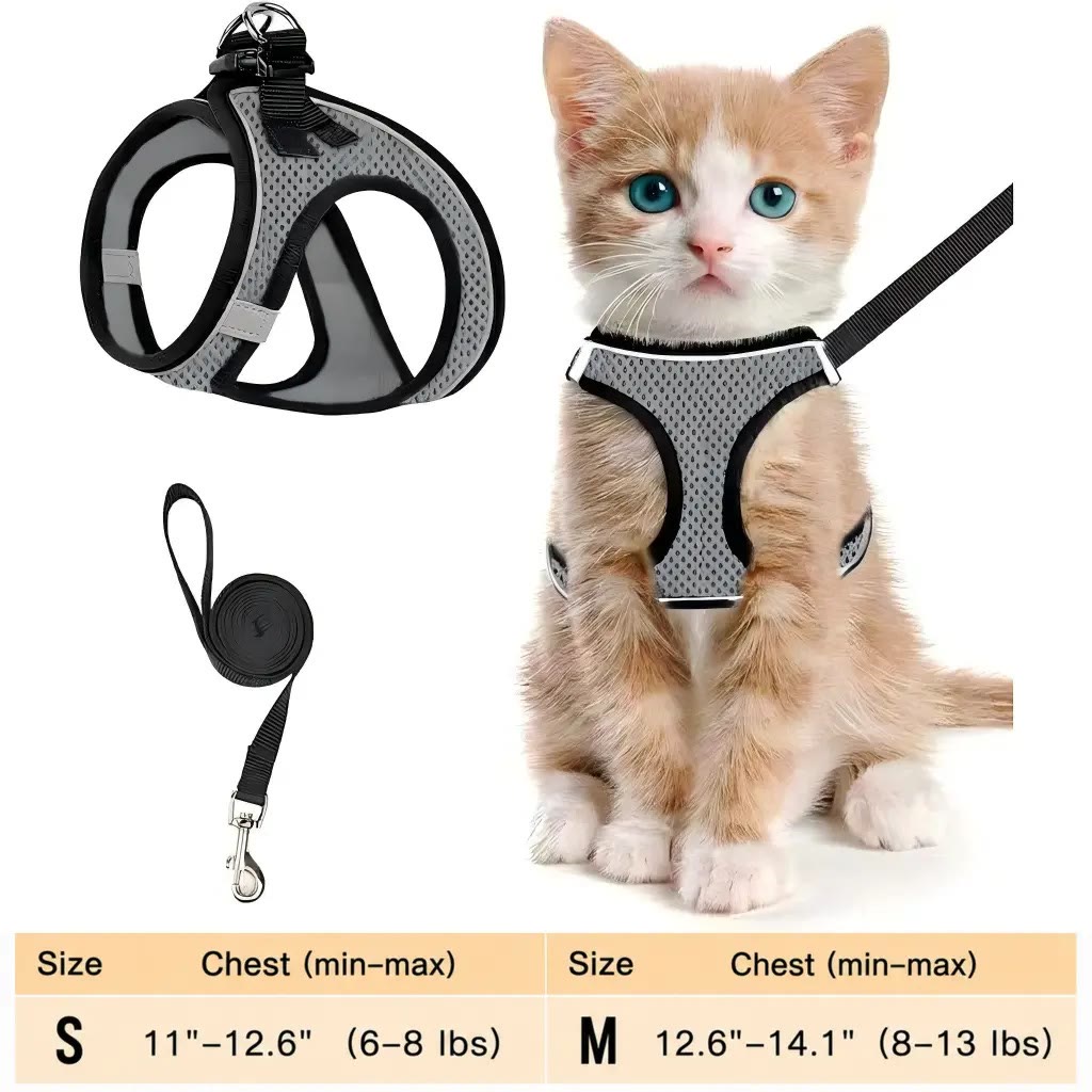 Heeipaw Escape Proof Cat Harness & Leash (6-13 lbs) Adjustable Reflective Soft Mesh Vest for Easy Safe Walks with Leash Included - Grey - M - image 10