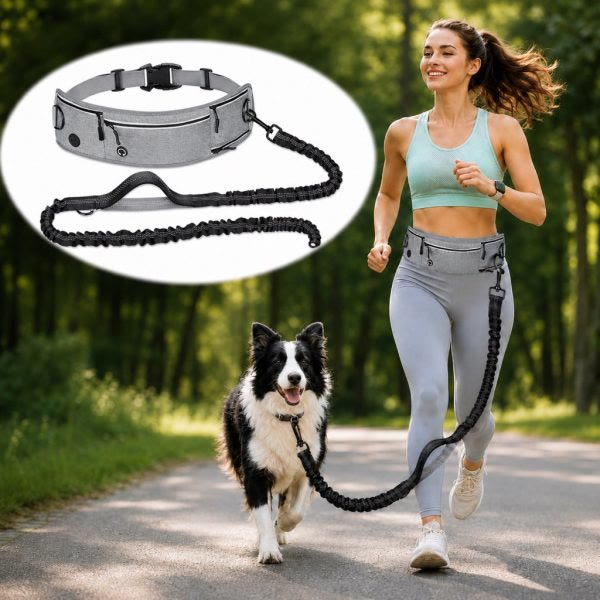 Heeipaw Hands Free Dog Leash, Reflective Running Dog Leash with Waist Belt & Storage Pouch, Adjustable No Pull Shock Absorbing Pet Leash for Walking Jogging Hiking - Grey - 2.5CM*(145-200)CM - image 4