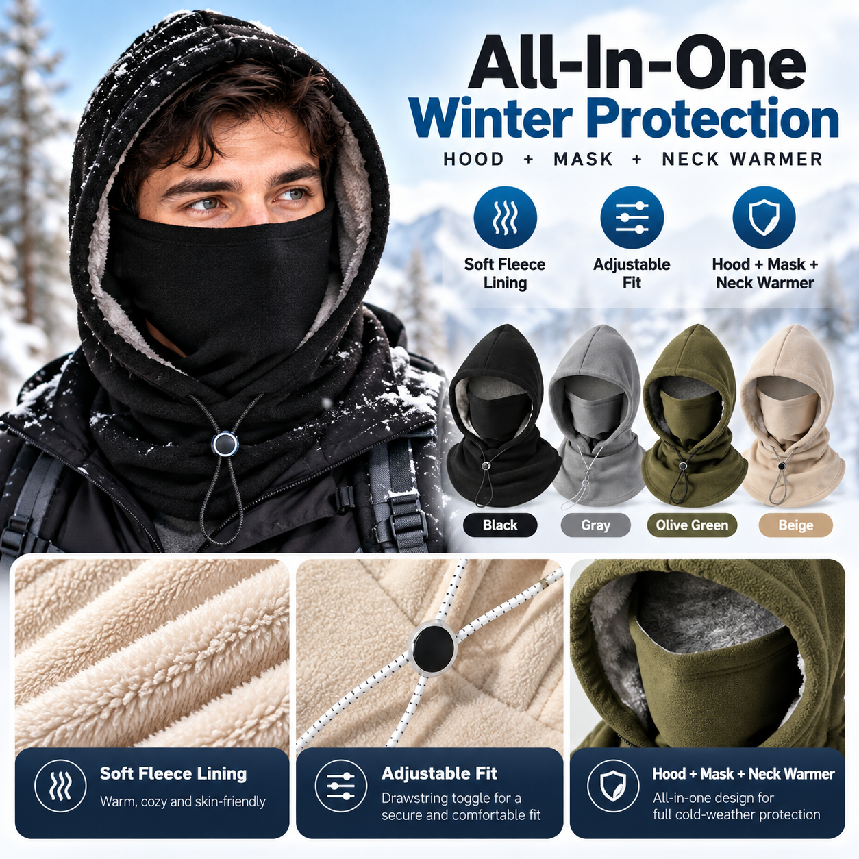 Winter fleece hood face cover and neck warmer product detail 9