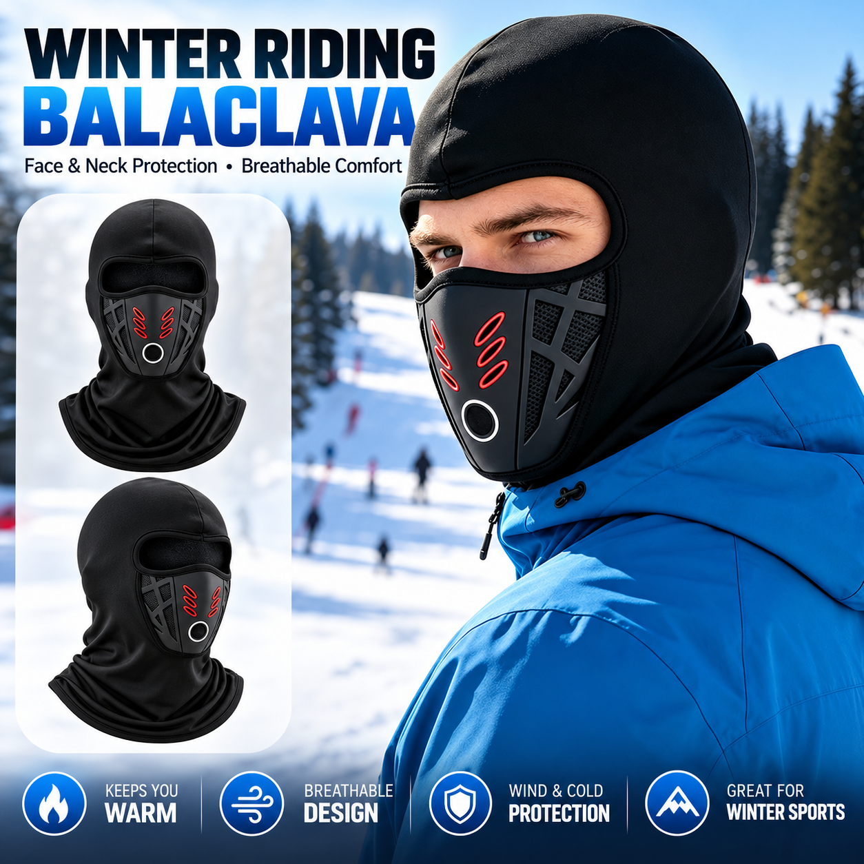 Winter riding balaclava with helmet and face-cover detail