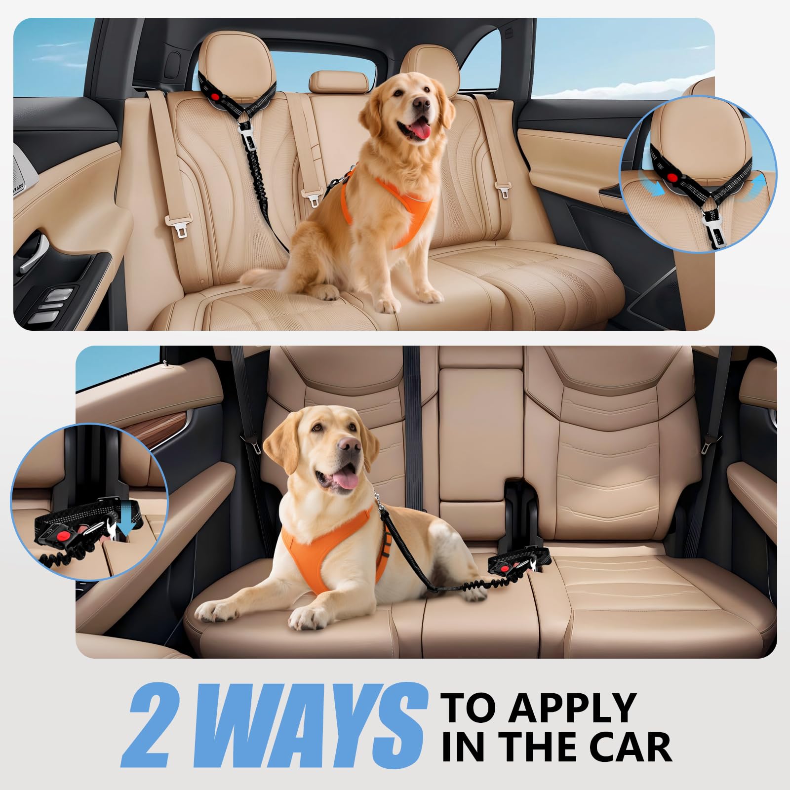 Heeipaw Reflective Dog Car Seat Belt, Adjustable Elastic Bungee Safety Tether With Seat Buckle Clip For Pet Travel