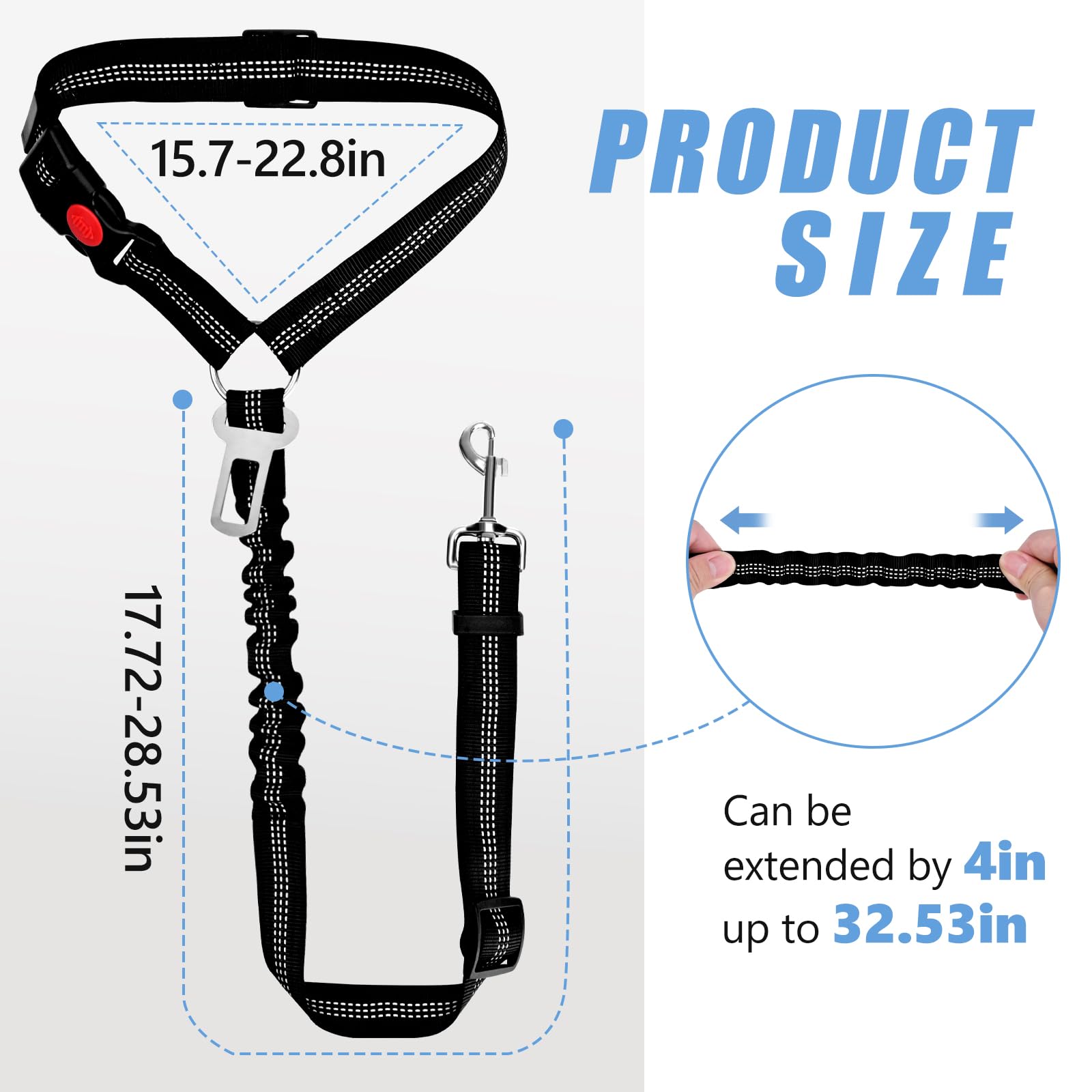 Heeipaw Reflective Dog Car Seat Belt, Adjustable Elastic Bungee Safety Tether With Seat Buckle Clip For Pet Travel