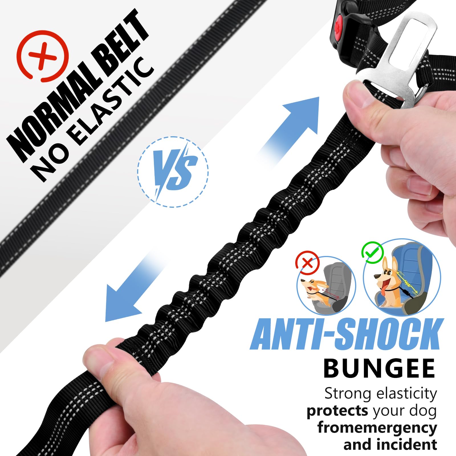 Heeipaw Reflective Dog Car Seat Belt, Adjustable Elastic Bungee Safety Tether With Seat Buckle Clip For Pet Travel