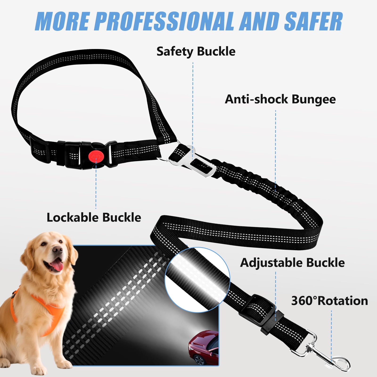 Heeipaw Reflective Dog Car Seat Belt, Adjustable Elastic Bungee Safety Tether With Seat Buckle Clip For Pet Travel