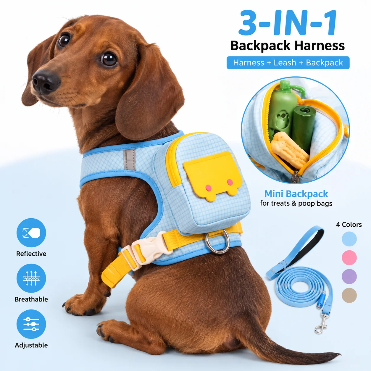 Cute backpack dog harness leash set