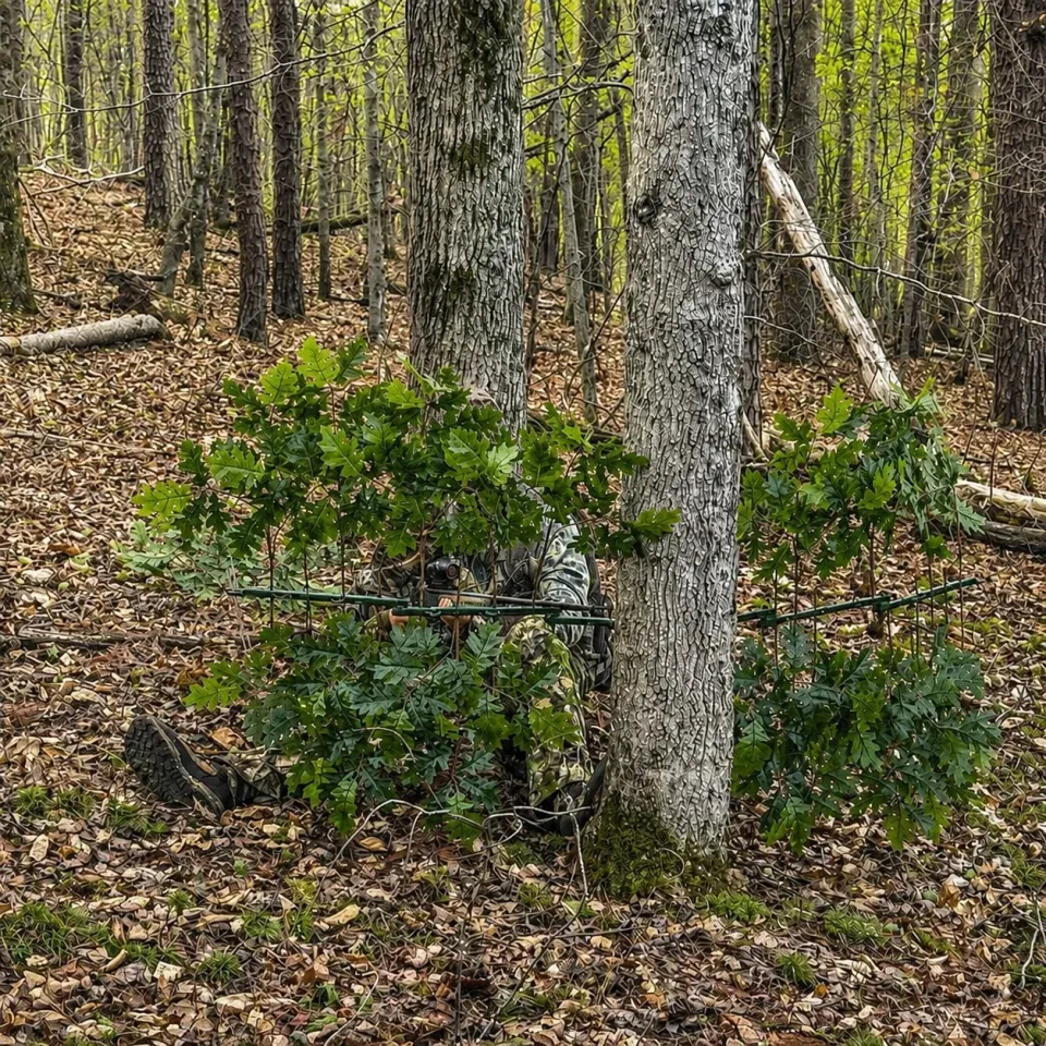 Tree Trunk and Ground Stake Mounting for Hunting Concealment Stand