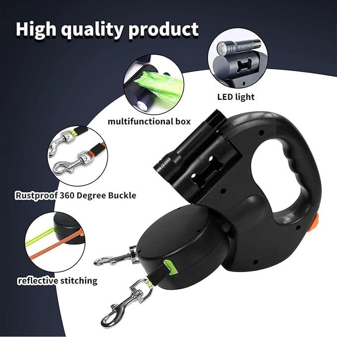 Retractable Dual Dog Leash - Tangle-Free with 360&deg; Swivel Head, 10ft Length, Lightweight Anti-Wear Handle, Independent Thumb Rewind, 30lb Capacity for 2 Medium-Large Dogs, Rust-Resist Alloy, Pet Supplies Essentials