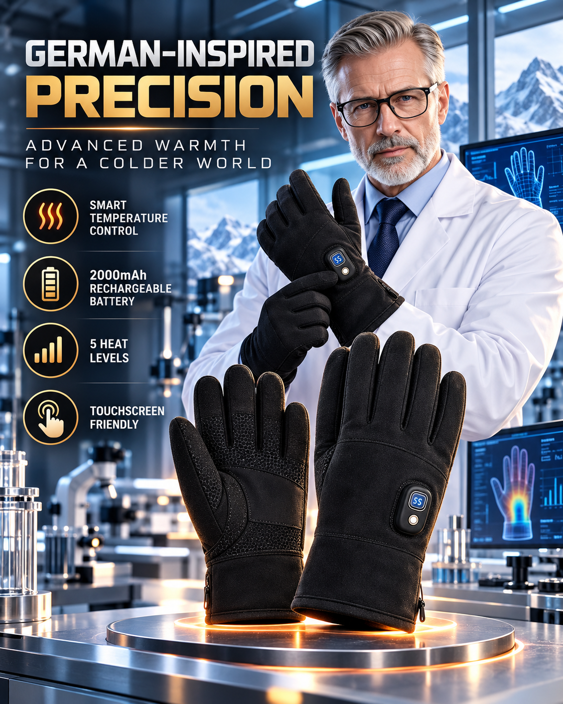 Heated gloves technical-style promotional image