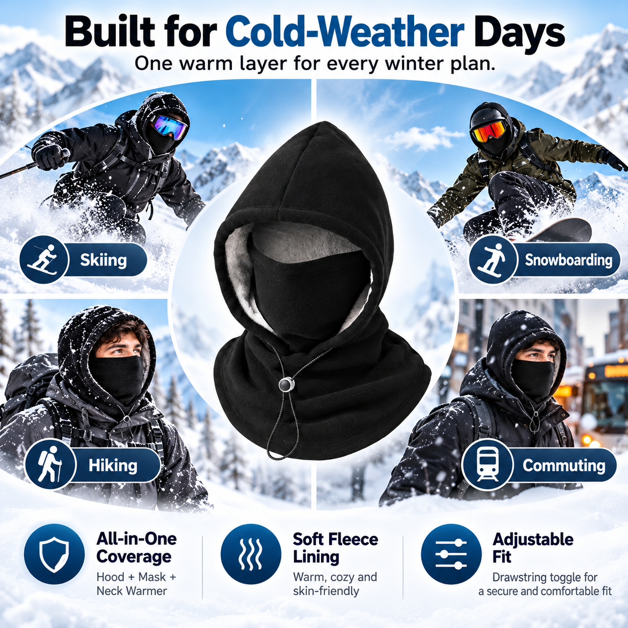 Winter fleece hood face cover and neck warmer product detail 1