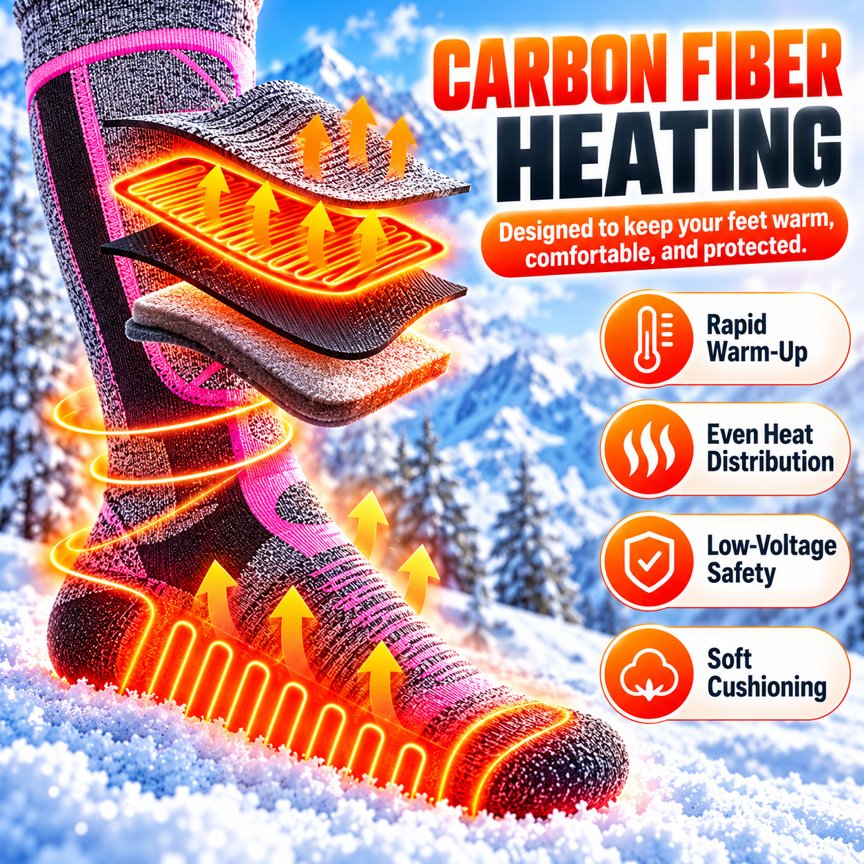 Heated Socks Package Contents Including Rechargeable Battery Packs and Charging Cable
