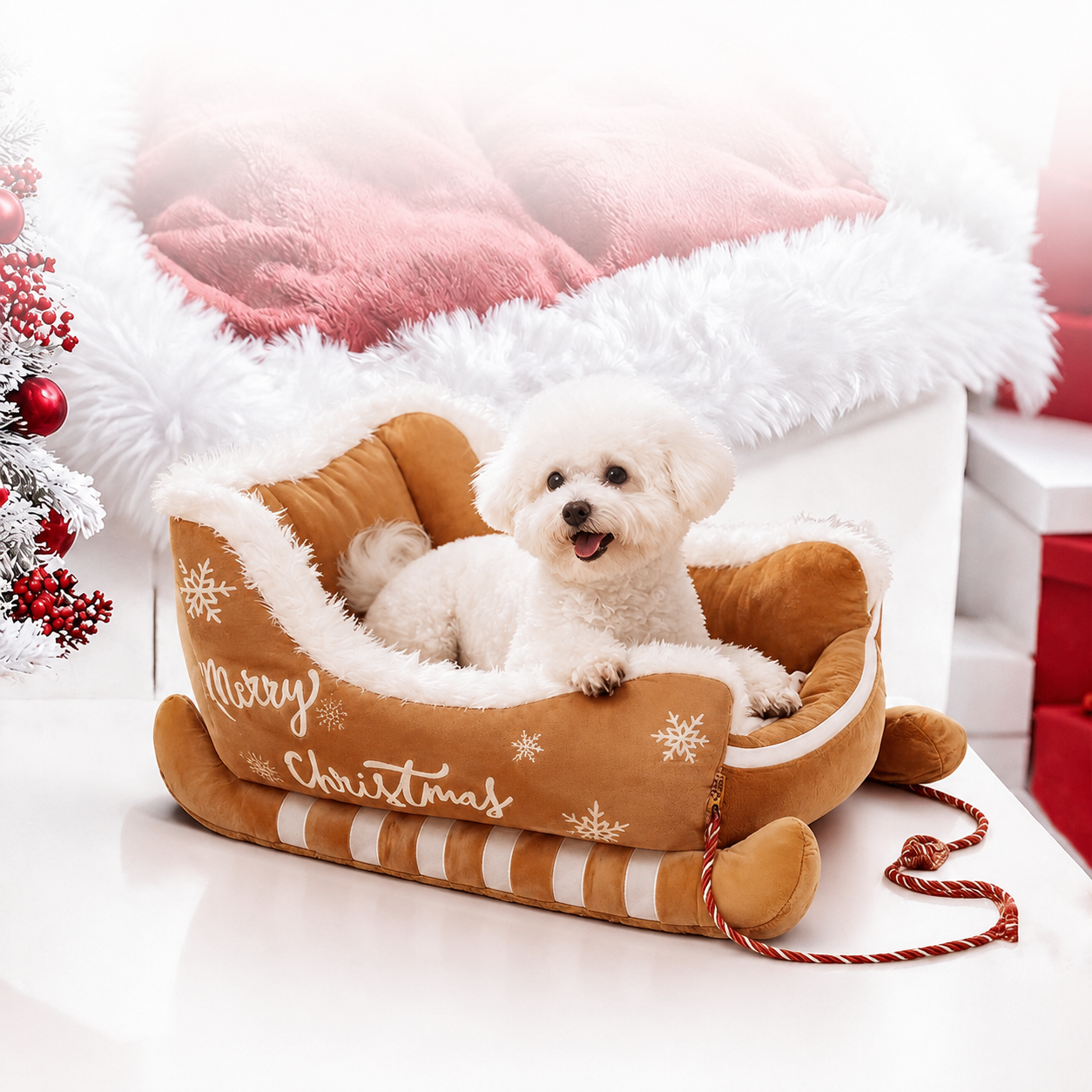 Heeipaw Christmas Sleigh Pet Bed – Cozy Warm Plush Bed for Dogs & Cats, Holiday Winter Nest - Brown - L - image 3