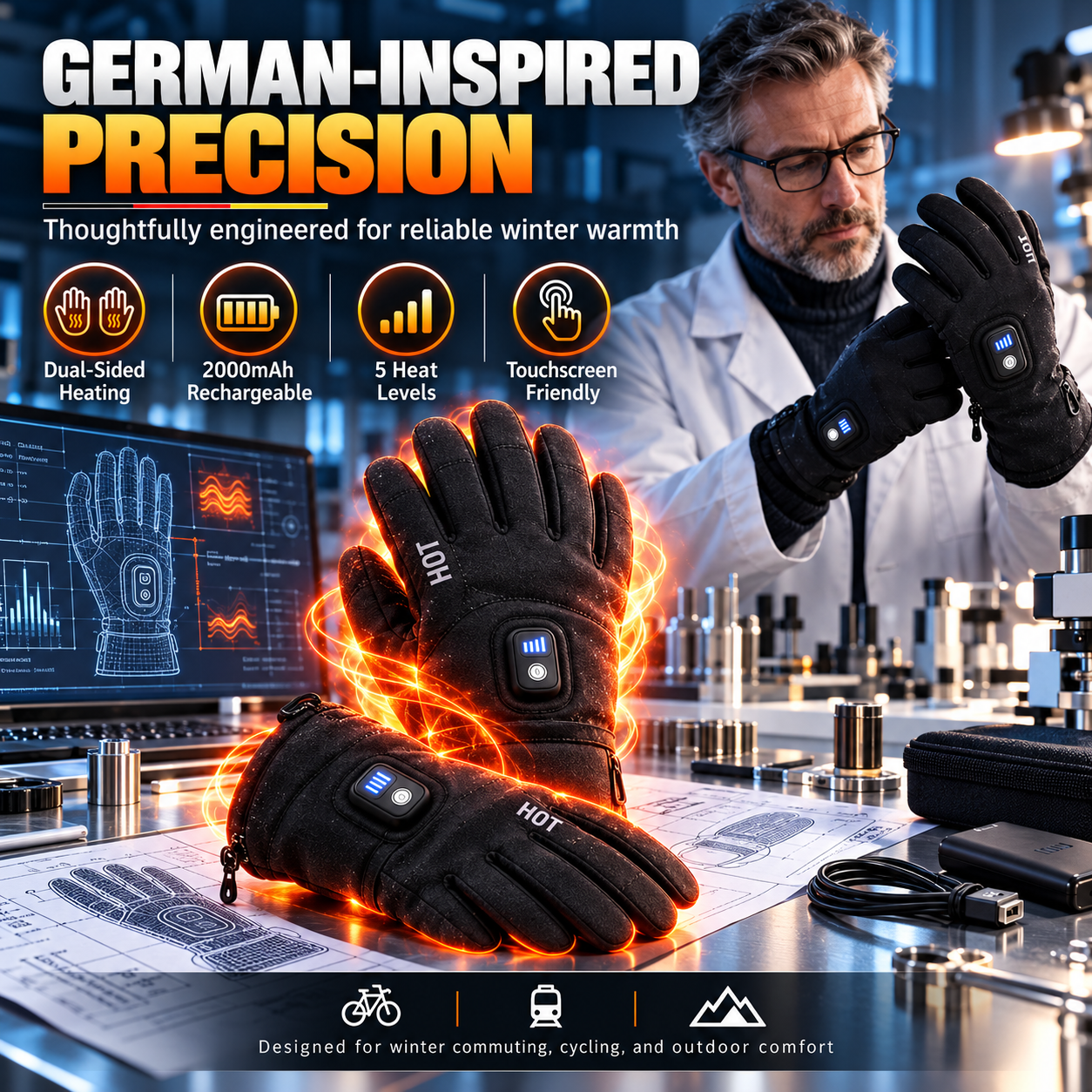 Heated gloves comfort and outdoor application visual