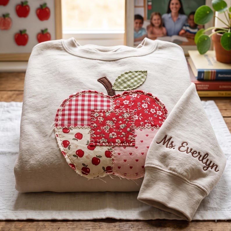 Custom Embroidered Teacher Sweatshirt Patchwork Apple Applique Personalized Sleeve Name Gift