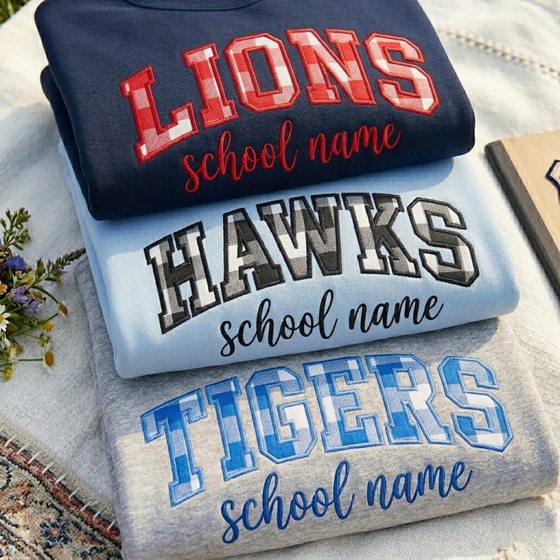 Custom Gingham Plaid Applique Crewneck Sweatshirt, Embroidered Cursive School Mascot Game Day Pullover