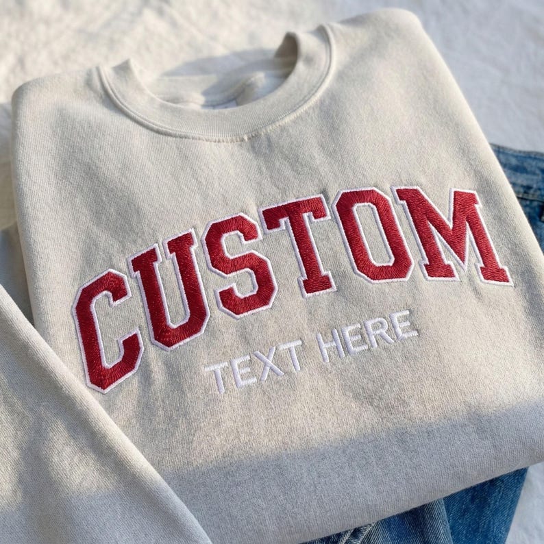 Double Line Custom Varsity Embroidery Crewneck, Personalized Name Logo Game Day Spirit Sweatshirt