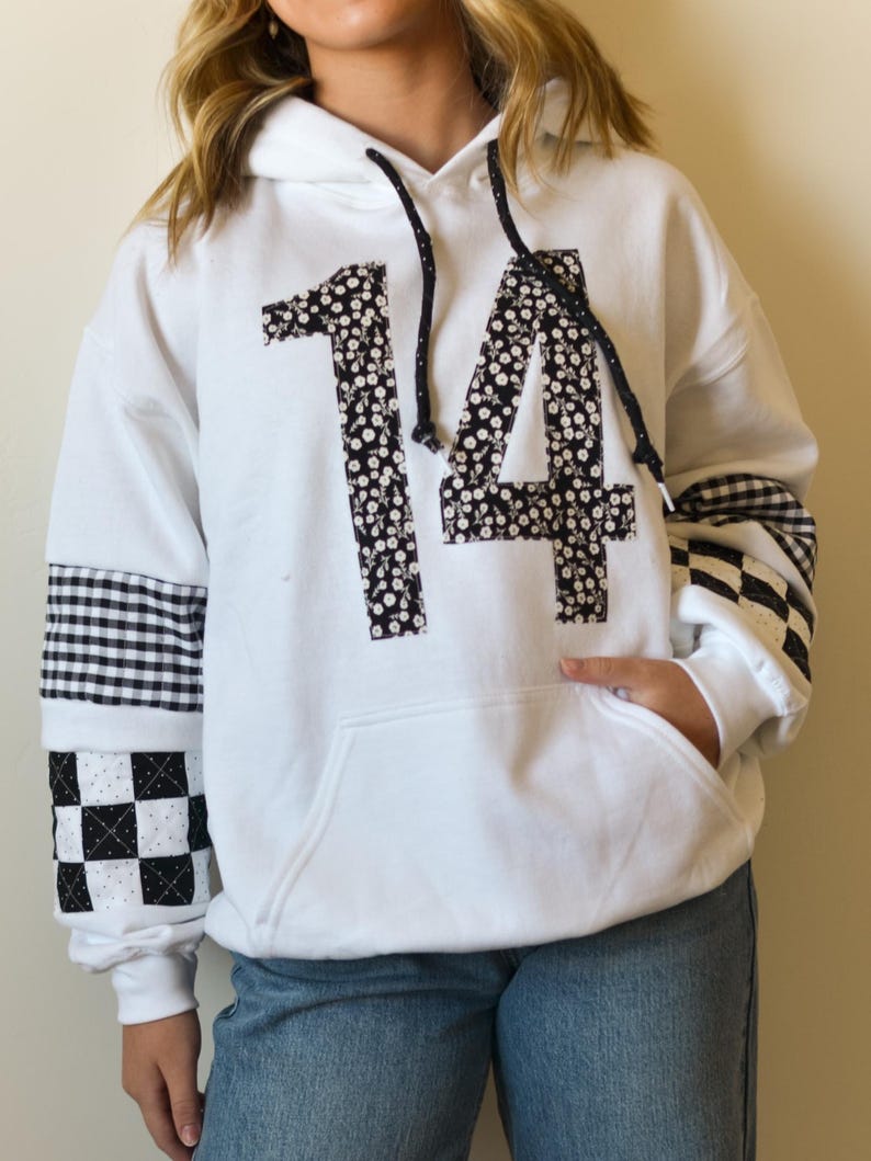 Custom Patchwork Sleeve Player Number Hoodie - Personalized Floral Jersey Number Game Day Sweatshirt